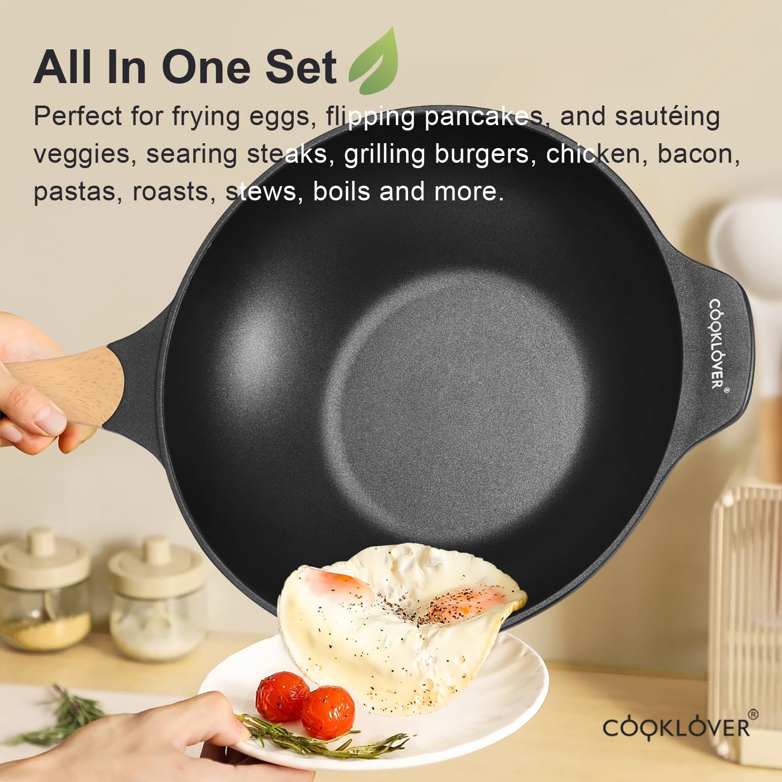 COOKLOVER 12.6 Inch Nonstick Wok Pan - Die-Cast Aluminum Stir Fry Pan with Lid, PFOA-Free & Scratch Resistant, Induction Compatible for Healthy Cooking | Perfect for Asian Stir Fry, Sautéing & Home Kitchen Use