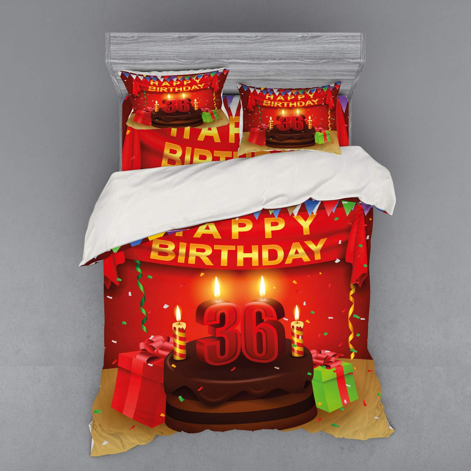 Ambesonne 36th Birthday Duvet Cover Set - Queen Size 4-Piece Bedding with Shams & Fitted Sheet - Celebration Party Print with Cake, Candles & Gifts in Red & Burgundy - Perfect for Birthday Decorations & Guest Room Bedding