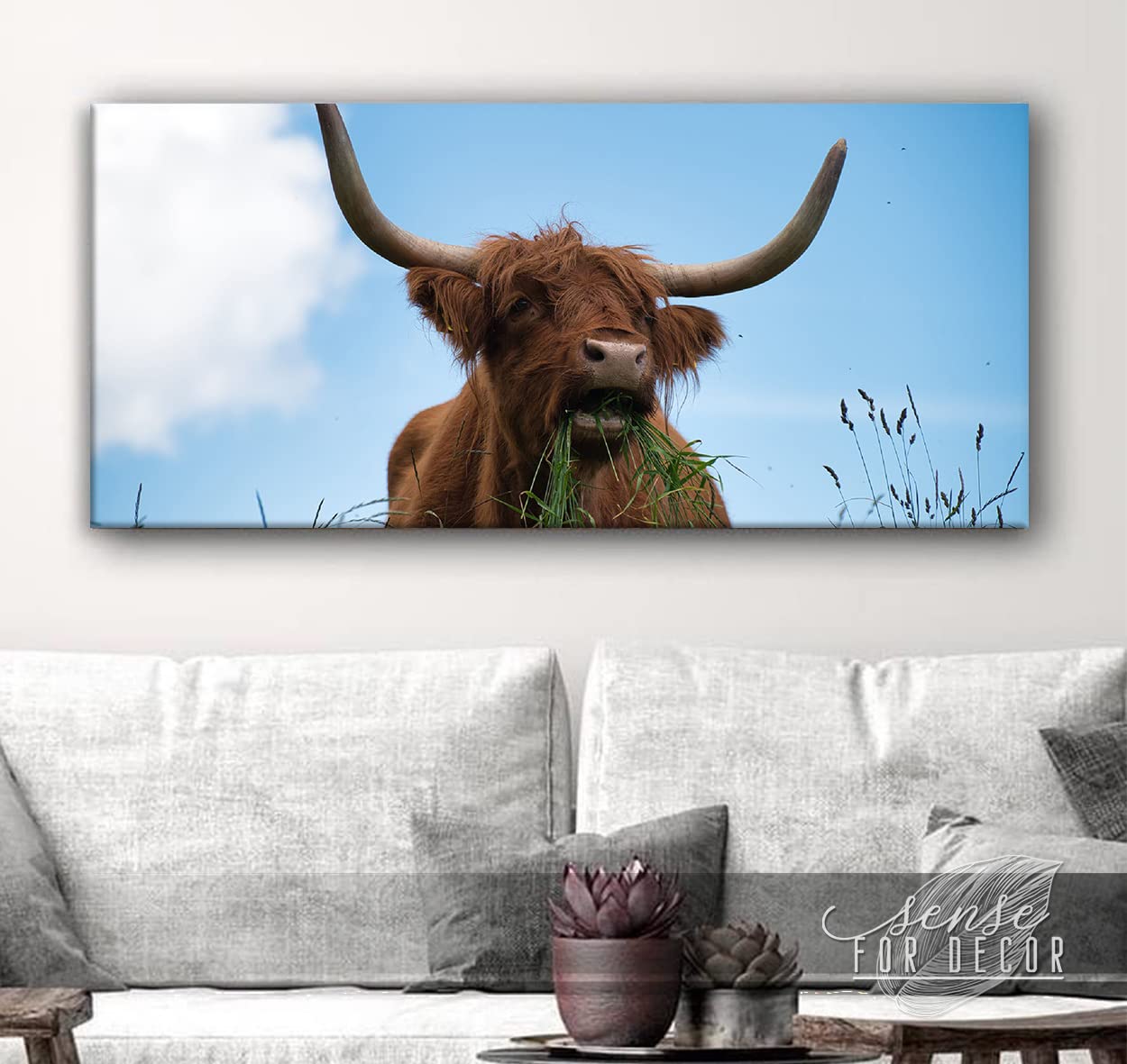 Highland Cattle Wall Art Canvas - Farmhouse Decor for Living Room (60x27)