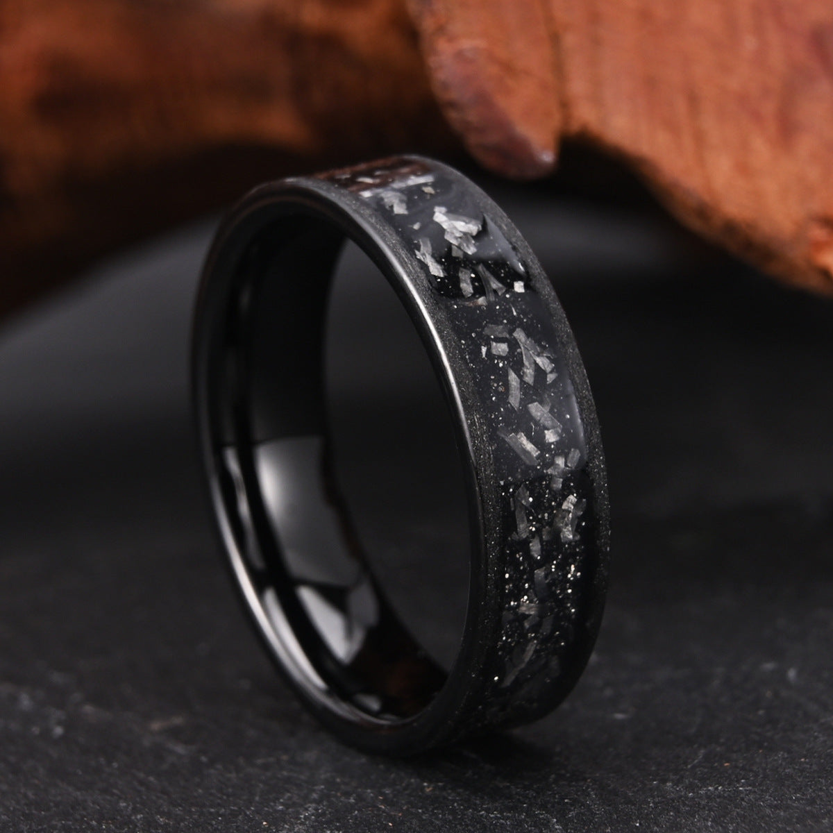 6mm Tungsten Steel Men's Wedding Band with Meteorite Inlay - Black Sandblasted Finish - Durable & Scratch-Resistant Couple Rings for Men - Perfect for Anniversaries, Engagements & Everyday Wear