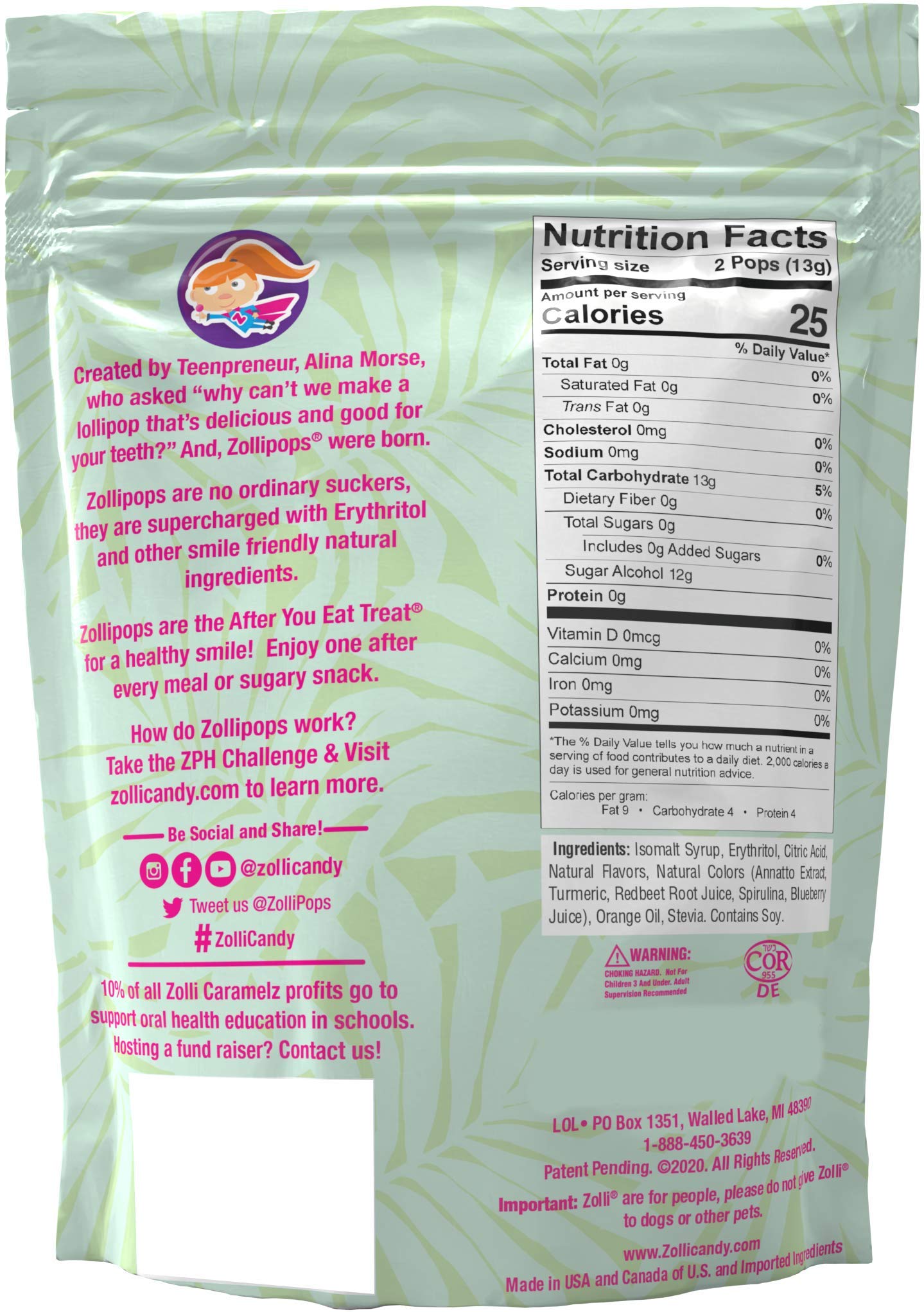 Zollipops Sugar Free Lollipops for Kids - Natural Anti Cavity Candy with Tropical Flavors (3.1oz) | Dentist Recommended Healthy Treat for Teeth | Perfect for Birthday Parties, School Rewards & Halloween Treats
