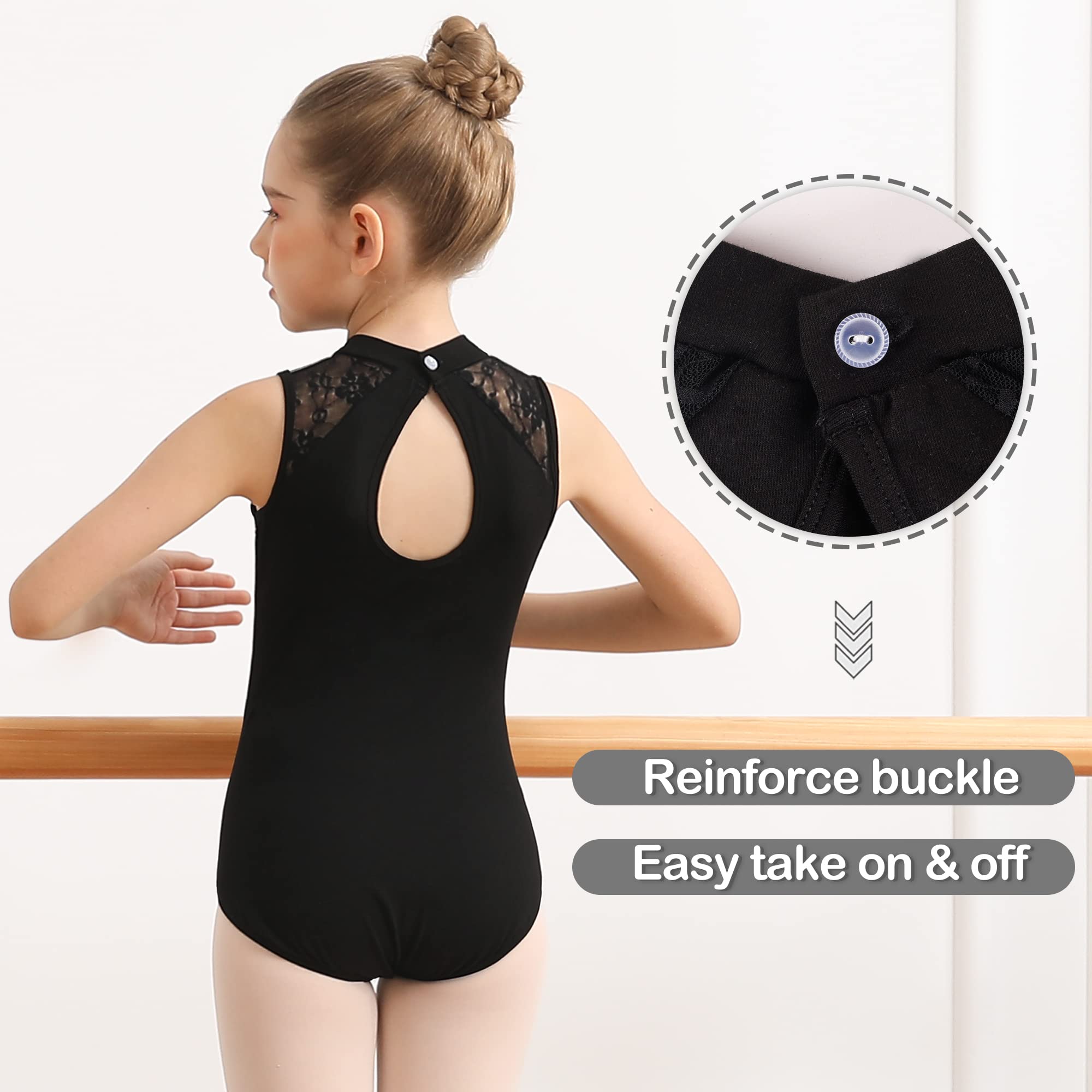 MOLLDAN Girls Dance Leotard with Lace Neckline & Back Bow - Ballet Gymnastics Leotard Top for Kids Dance Class, Recital & Performance