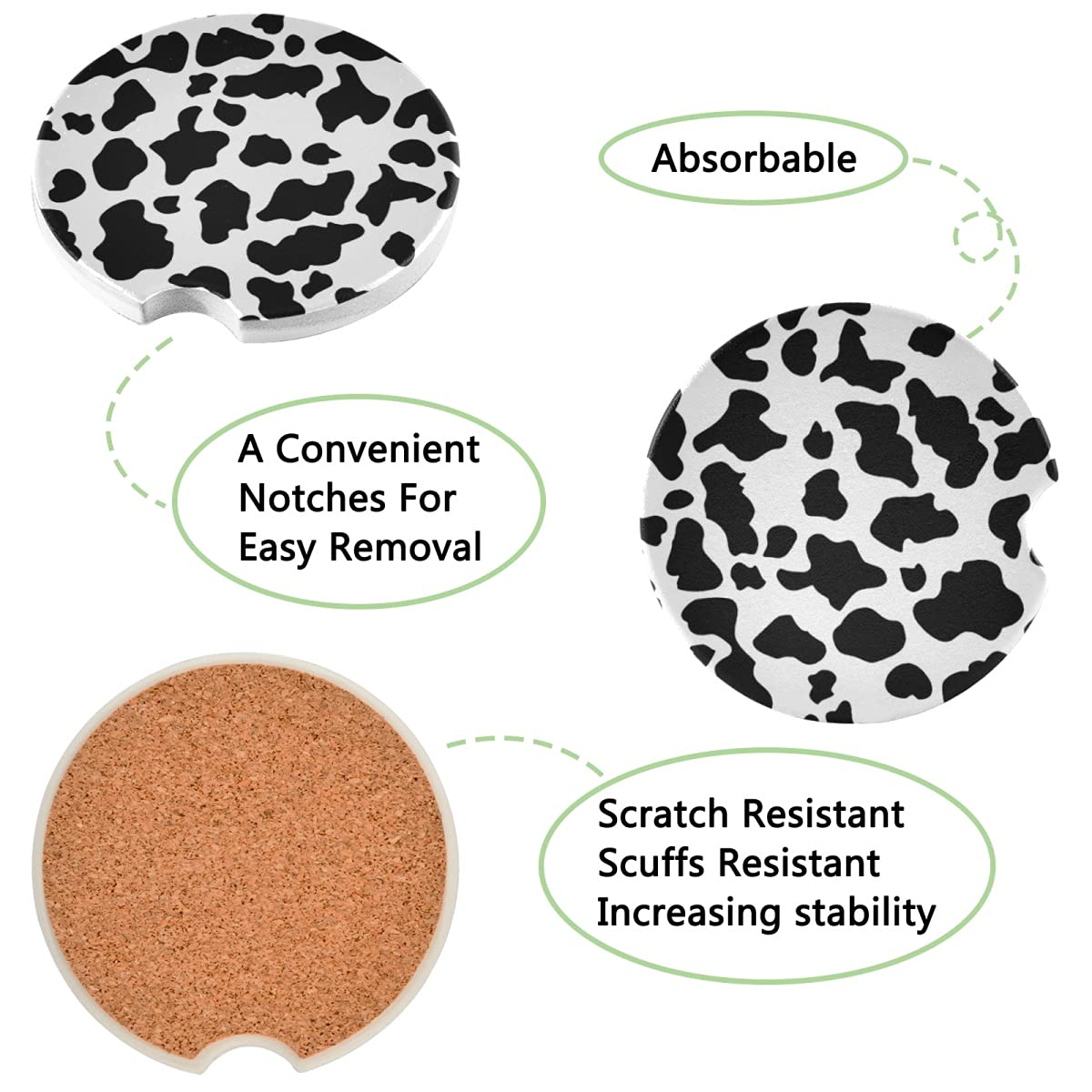 Cow Print Pattern Car Coasters 2 Pack - Non-Slip 2.56