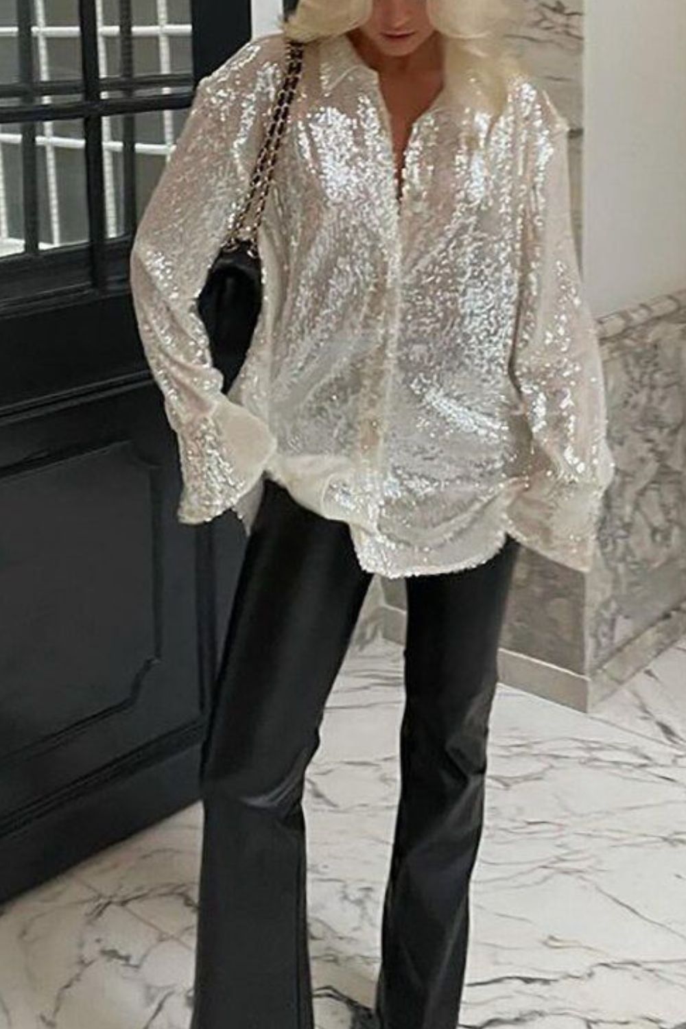 Sparkly Sequin Button Up Long Sleeve Blouse for Women - Elegant Party Top, Clubwear & Resort Vacation Shirt - Perfect for Night Out, Wedding Guest & Beach Cover Up