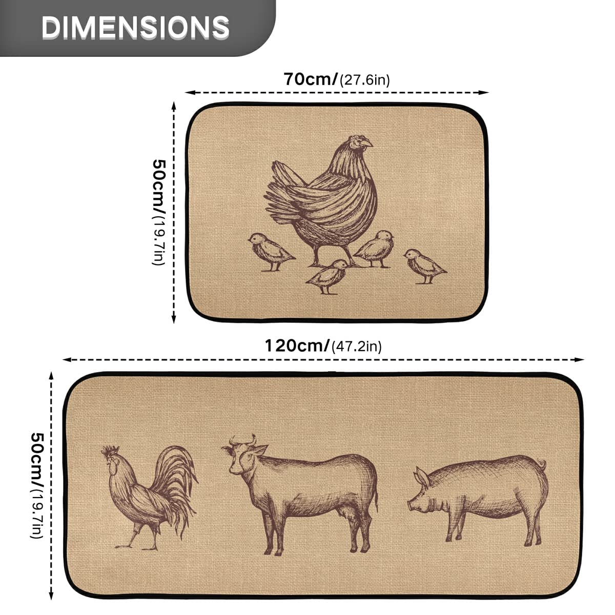 Farmhouse Rooster Kitchen Rugs Set of 2 - Non-Slip Washable Runner Mats for Kitchen & Living Room Floor - Fall Home Decor for Farmhouse Style & Country Kitchen