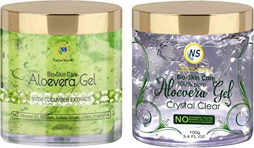 Nuerma Science Green Aloe Vera Gel & Clear Aloe Vera Gel for Face & Hair Care - 100% Pure Aloe Vera with Vitamin E - 100g Each, Pack of 2 - Hydrating Moisturizer for Sunburn Relief, Acne Treatment & Daily Skincare Routine
