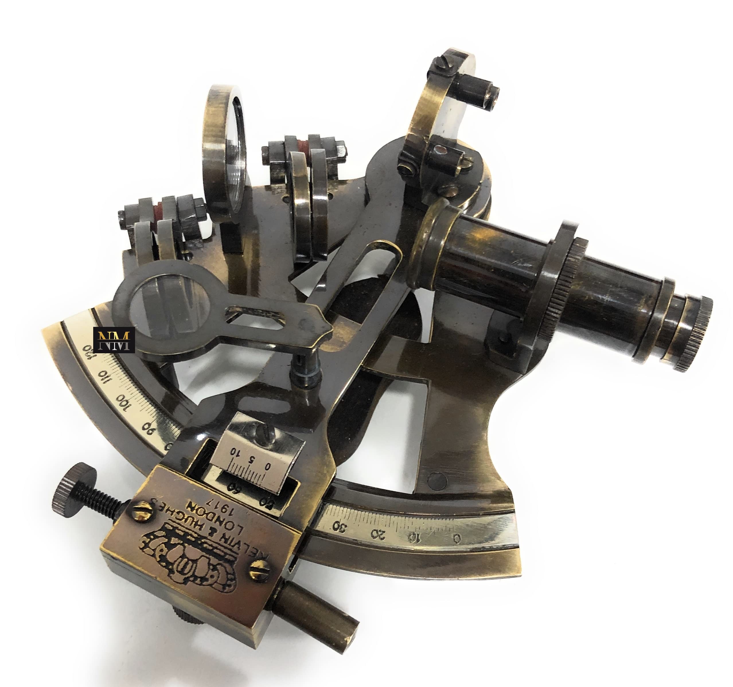 Vintage 1917 Maritime Kelvin & Hughes Antique Brass Nautical Sextant - London Made Ship Navigation Instrument with Glass Display Case | Perfect for Nautical Decor, Maritime Collectors & Historical Reenactments
