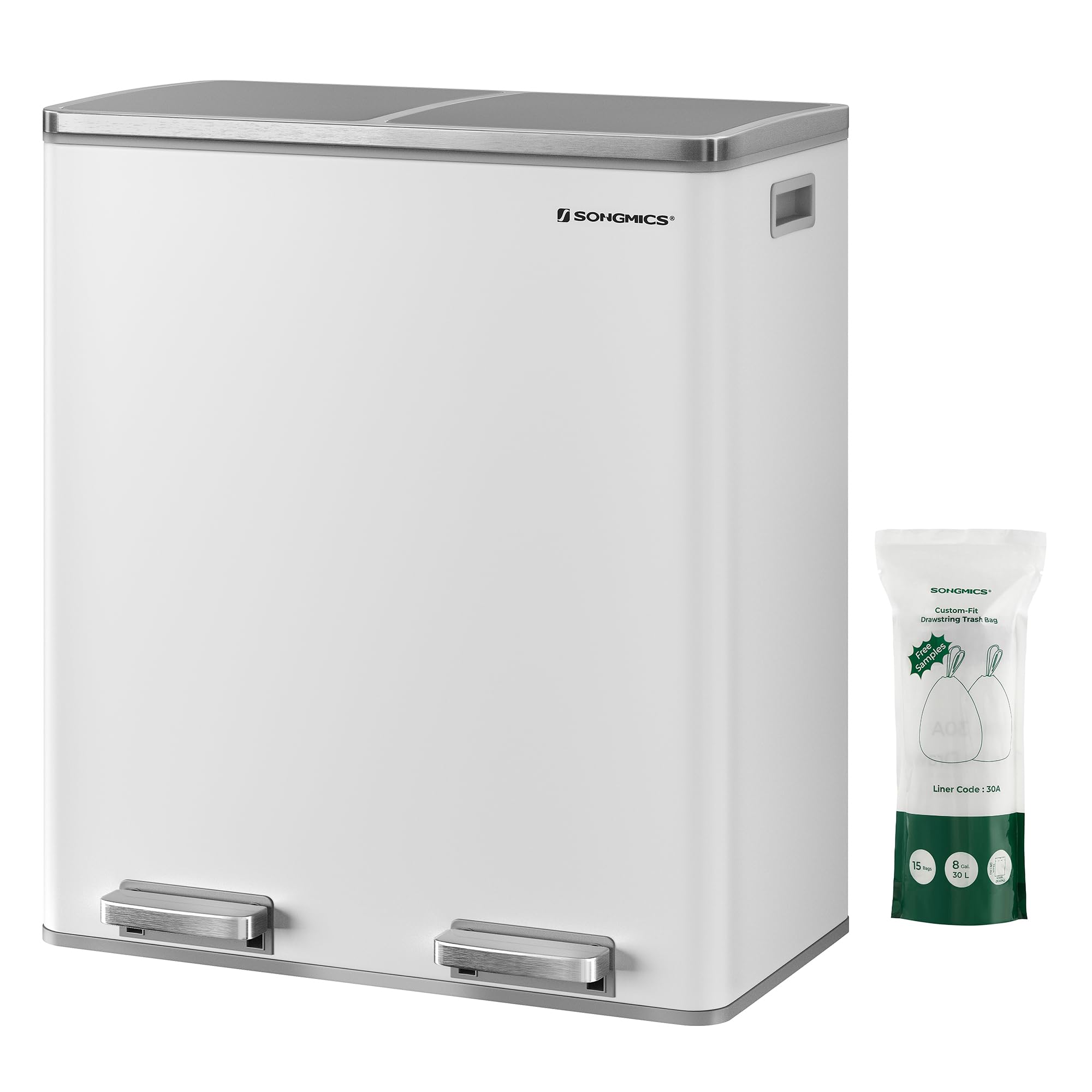 SONGMICS 8 Gallon (30L) Kitchen Trash Can with Lid - 2 Pack, Airtight Waste Bin with 2 Compartments, Includes 15 Trash Bags, White & Gray - Perfect for Home, Office, and Restaurant Use