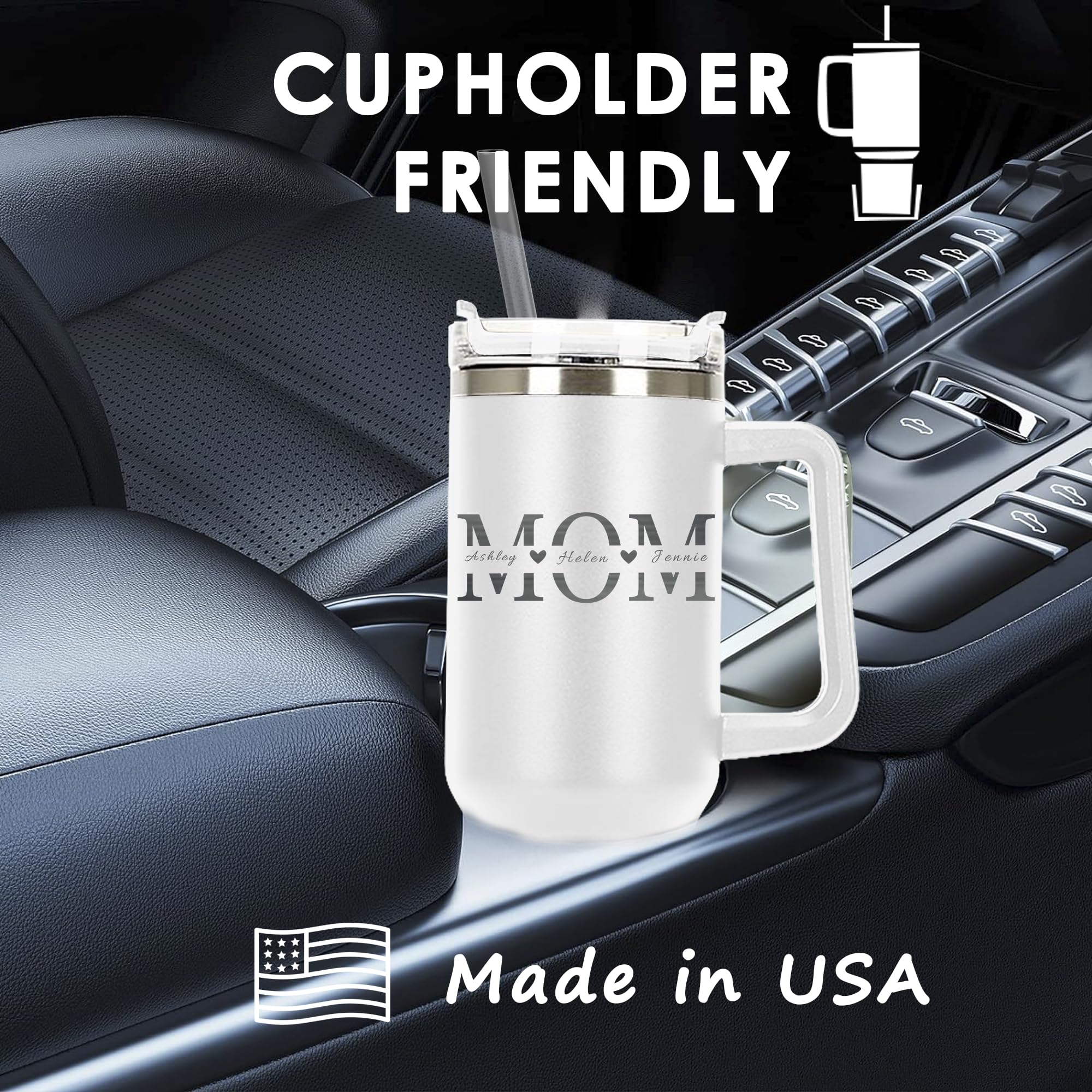 Personalized Laser Engraved 40 oz Large Tumbler with Handle, Straw & Lid - Custom Mom & Mama Travel Coffee Mug - Double Wall Vacuum Insulated Cup - Perfect Mother's Day Gift, Birthday Present & Everyday Use for Coffee, Tea & Cold Drinks at Home, Office or Travel