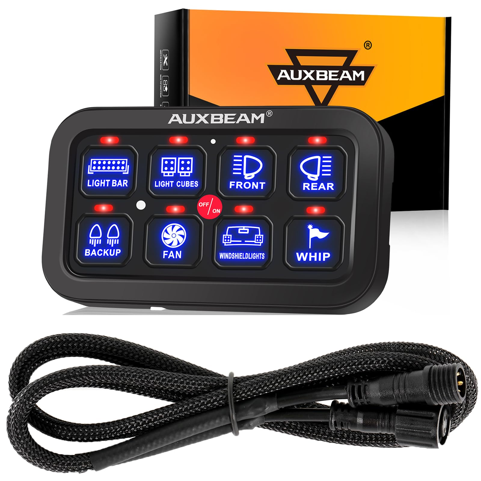 Auxbeam 8 Gang Switch Panel BB80 with 4Pin Wiring Harness Extension - Universal Off-Road LED Light Bar Control for Jeep, Truck, SUV, Boat & ATV