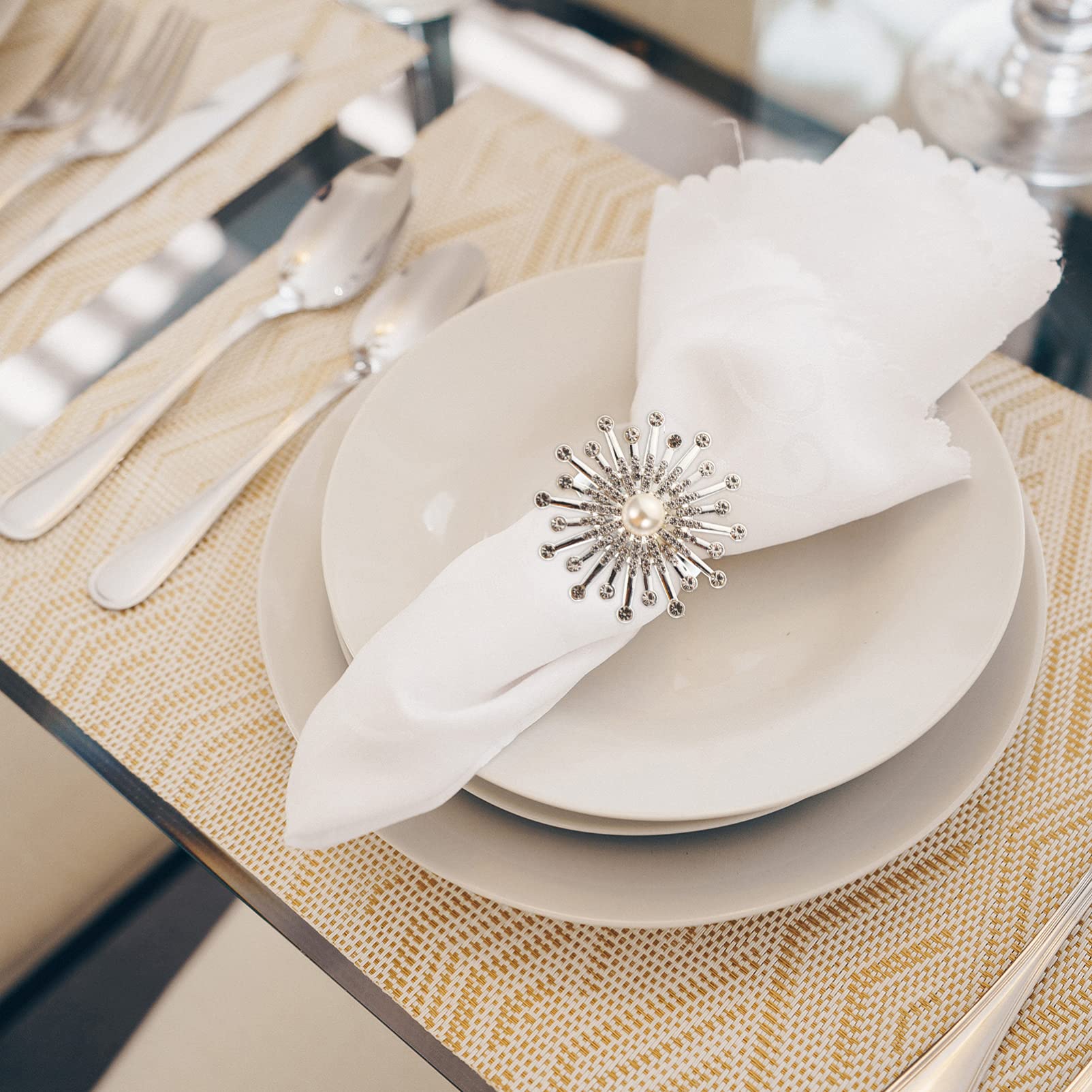 6pcs Sunflower Pearl Napkin Rings Set - Elegant Floral Napkin Holders for Wedding, Banquet & Dinner Table Decor - Perfect for Holiday Parties, Hotel & Restaurant Table Settings