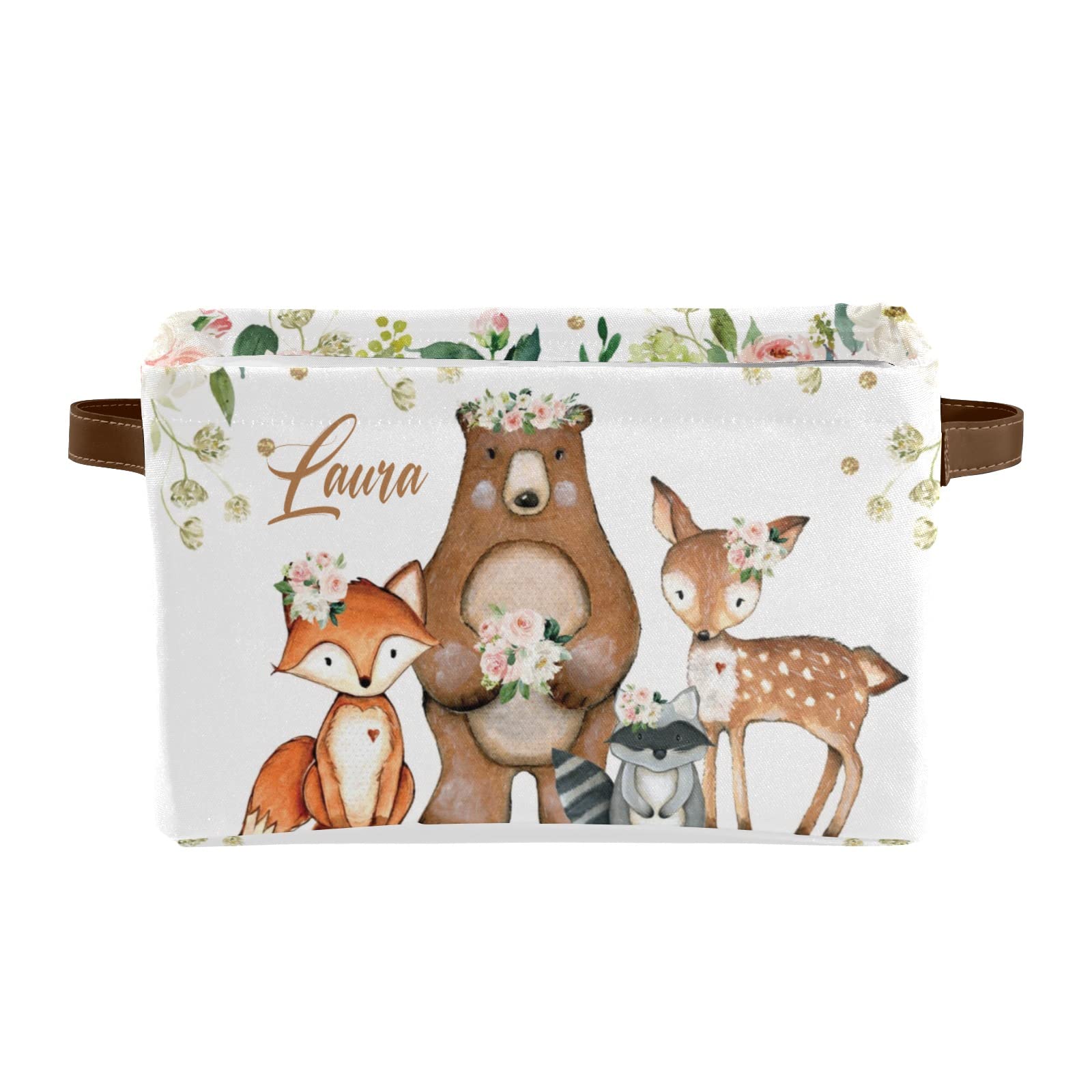 Custom Personalized Pink Floral Animal Print Storage Bins with Handles - 2 Pack Organizer Boxes for Shelves, Closet & Home Decor | Perfect for Kids Room, Nursery & Toy Organization