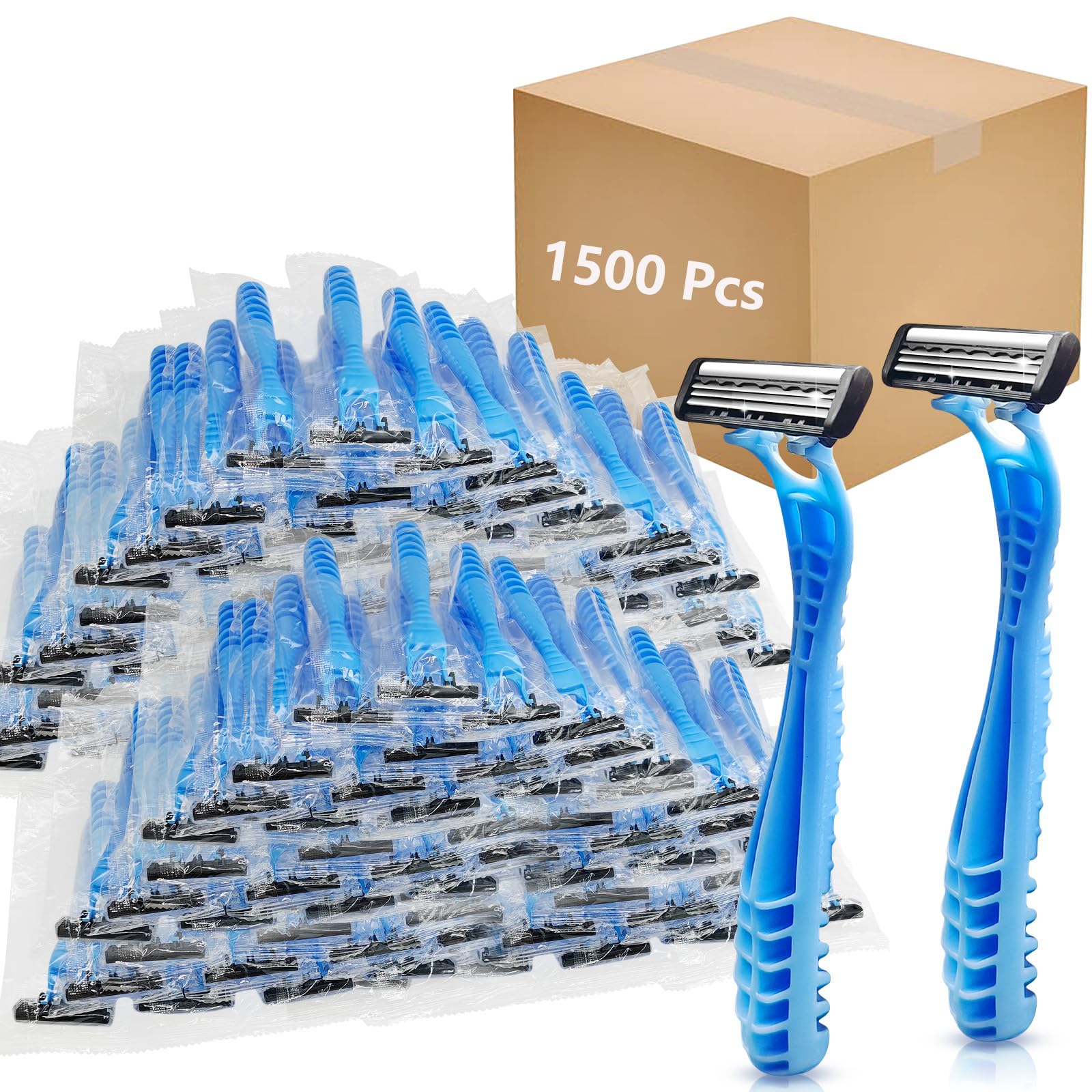 Kheoxusa 1500 Count Disposable Razors - 3 Blade Shaving Razors for Men & Women, Individually Wrapped for Hygiene - Perfect for Travel, Airbnb, Tattoo Shops, Hotels & Personal Grooming (Light Blue)