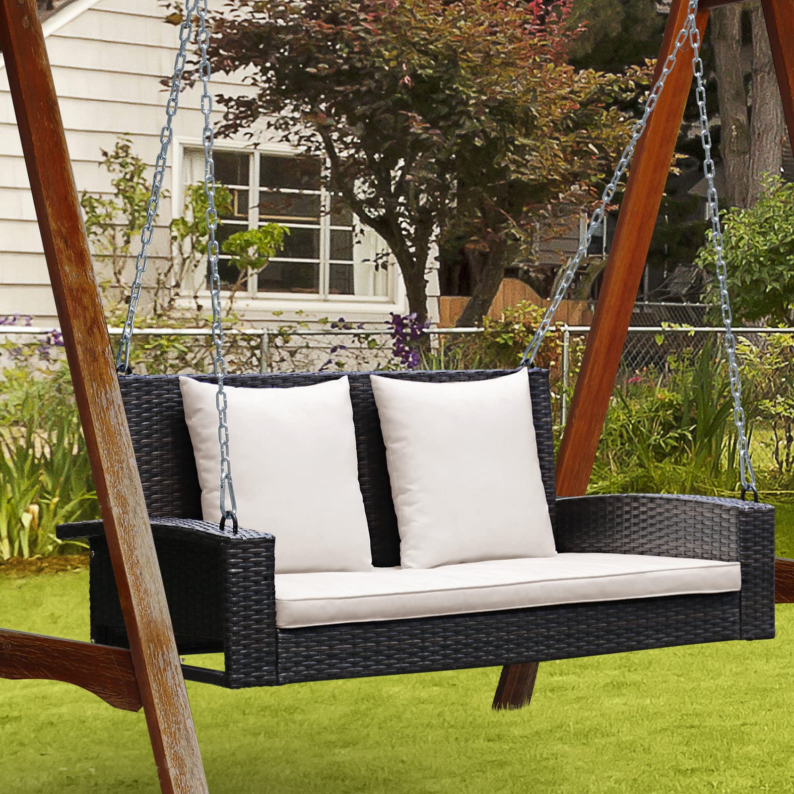 RELAX4LIFE 2-Person Outdoor Porch Swing - Rattan Wicker Hanging Chair with 7.9ft Steel Chains & Cushions - Beige Patio Swing for Front Porch, Garden, Backyard, Deck - Perfect for Relaxing, Reading & Enjoying Nature
