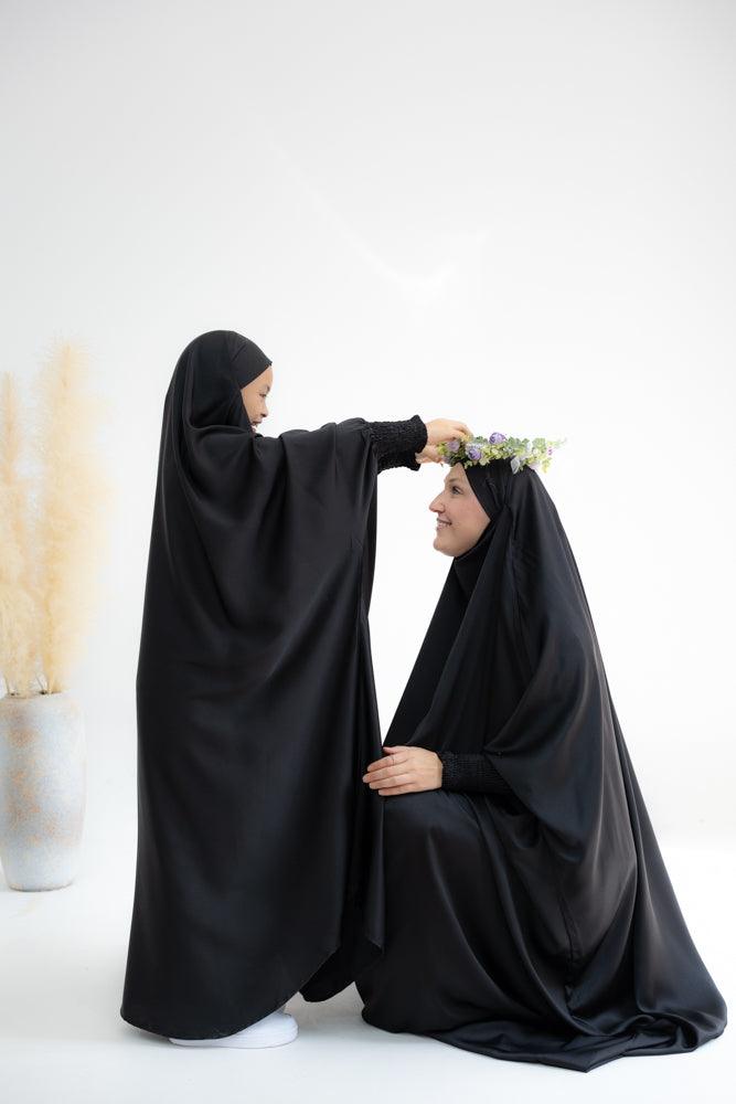 Gretaah Khimar Style Prayer Gown with Ribbed Sleeves & Lace Cuff - Black Islamic Prayer Dress for Women - Perfect for Salah, Mosque Worship & Religious Ceremonies