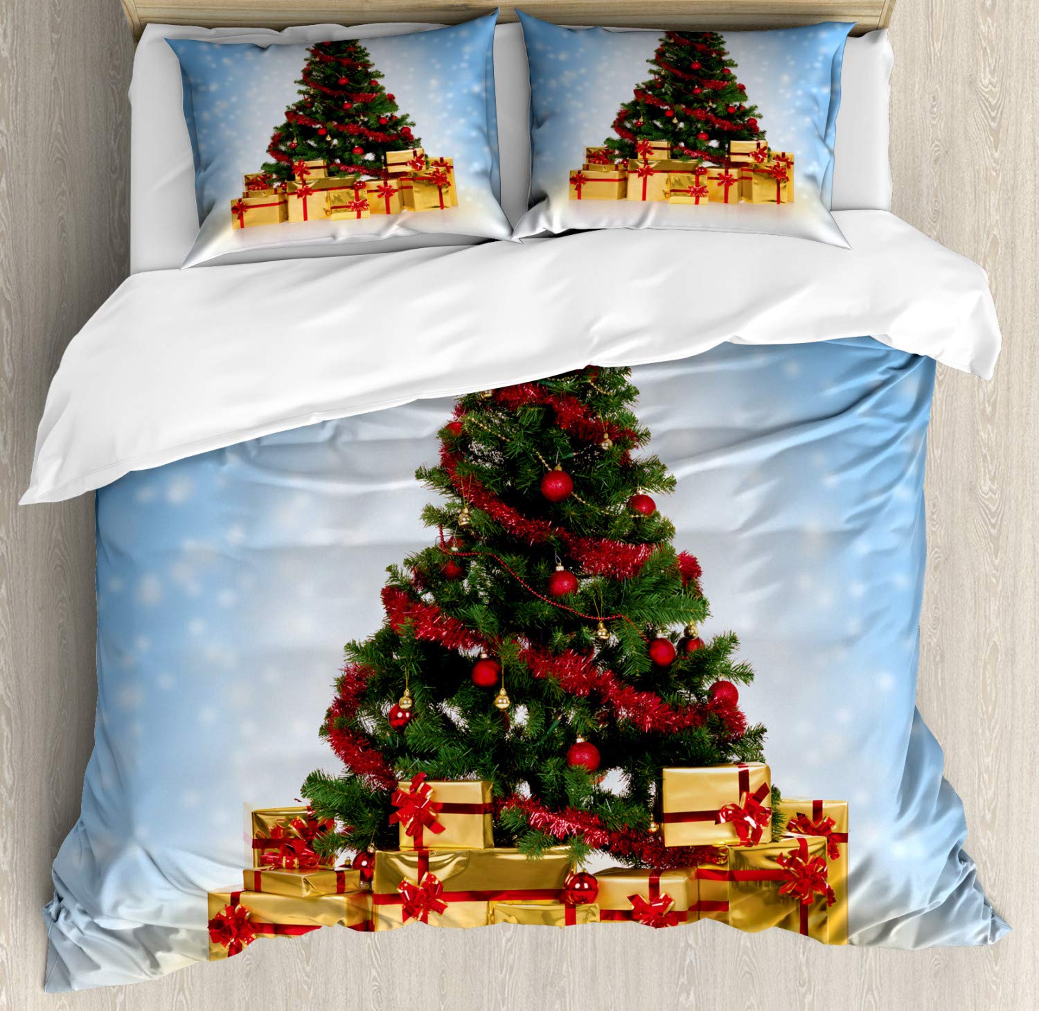 Ambesonne Christmas Duvet Cover Set - Queen Size 2-Pack with 2 Duvet Covers & 4 Pillowcases | Blue and Mustard Fir Tree with Snowy Weather Ornamental Boxes Print | Holiday Bedding for Cozy Winter Nights & Festive Home Decor