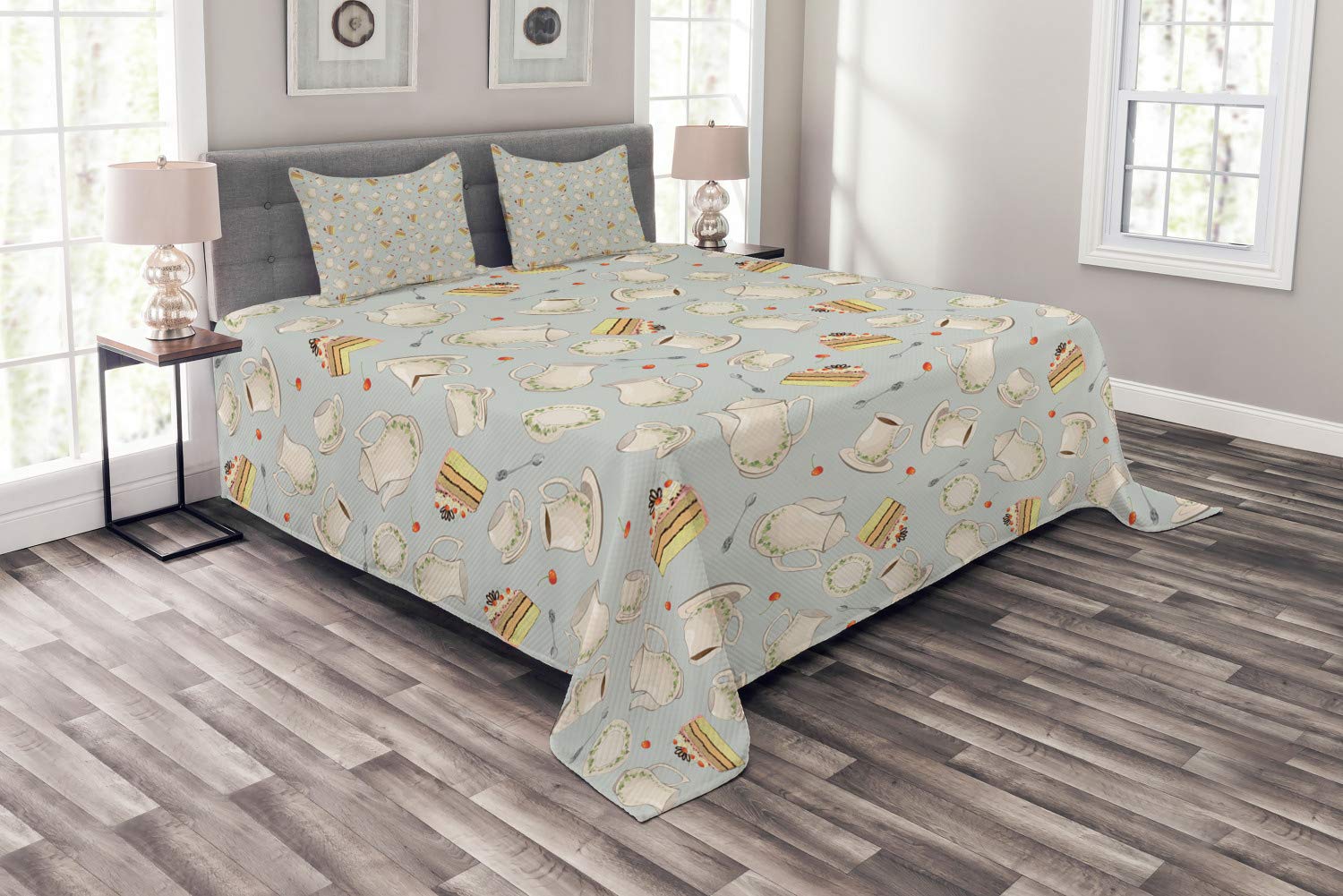 Ambesonne Tea Party 3-Piece King Size Bedspread Set with 2 Pillow Shams - Coffee Pot, Teapot, Spoons, Plates & Cherry Cake Design in Blue-Grey, Red & Green - Perfect for Bedroom Decor, Themed Parties & Cozy Home Styling