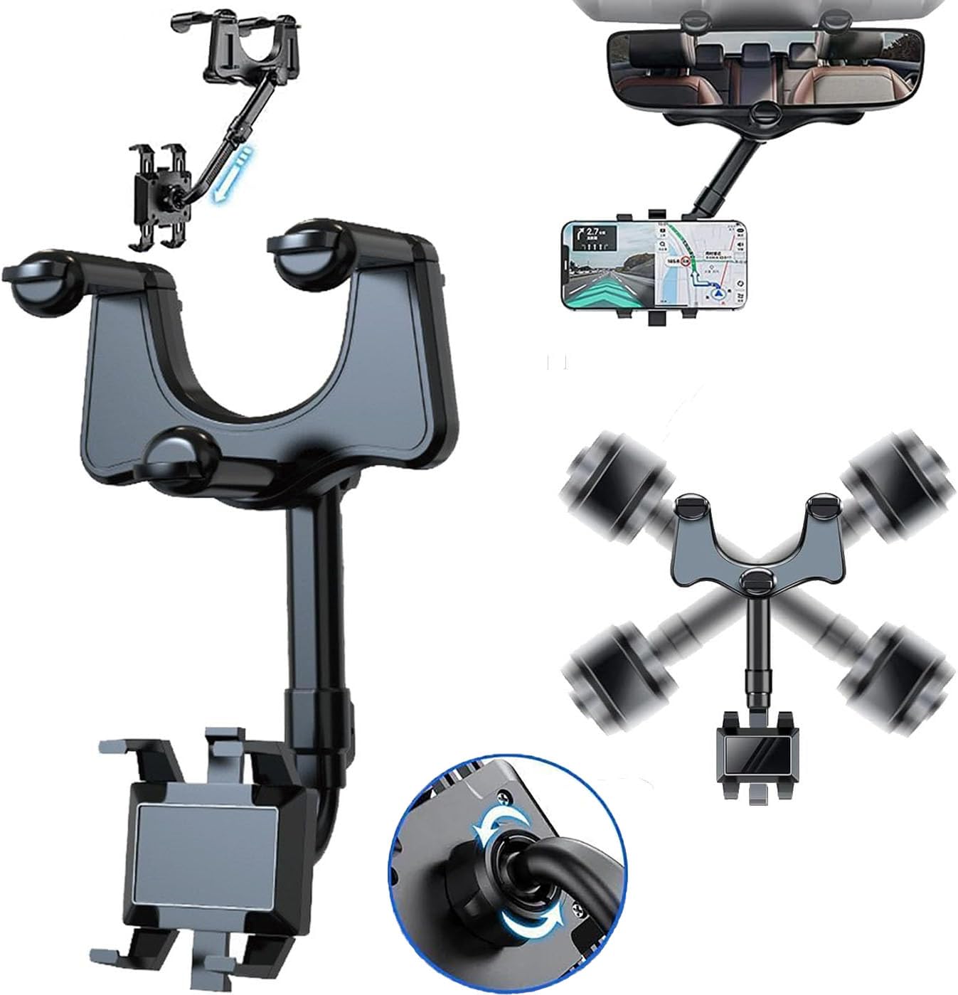Satismoon 360° Rotatable Car Phone Holder - Universal Rearview Mirror Mount for iPhone, Samsung & More - Hands-Free Driving & GPS Navigation Accessory