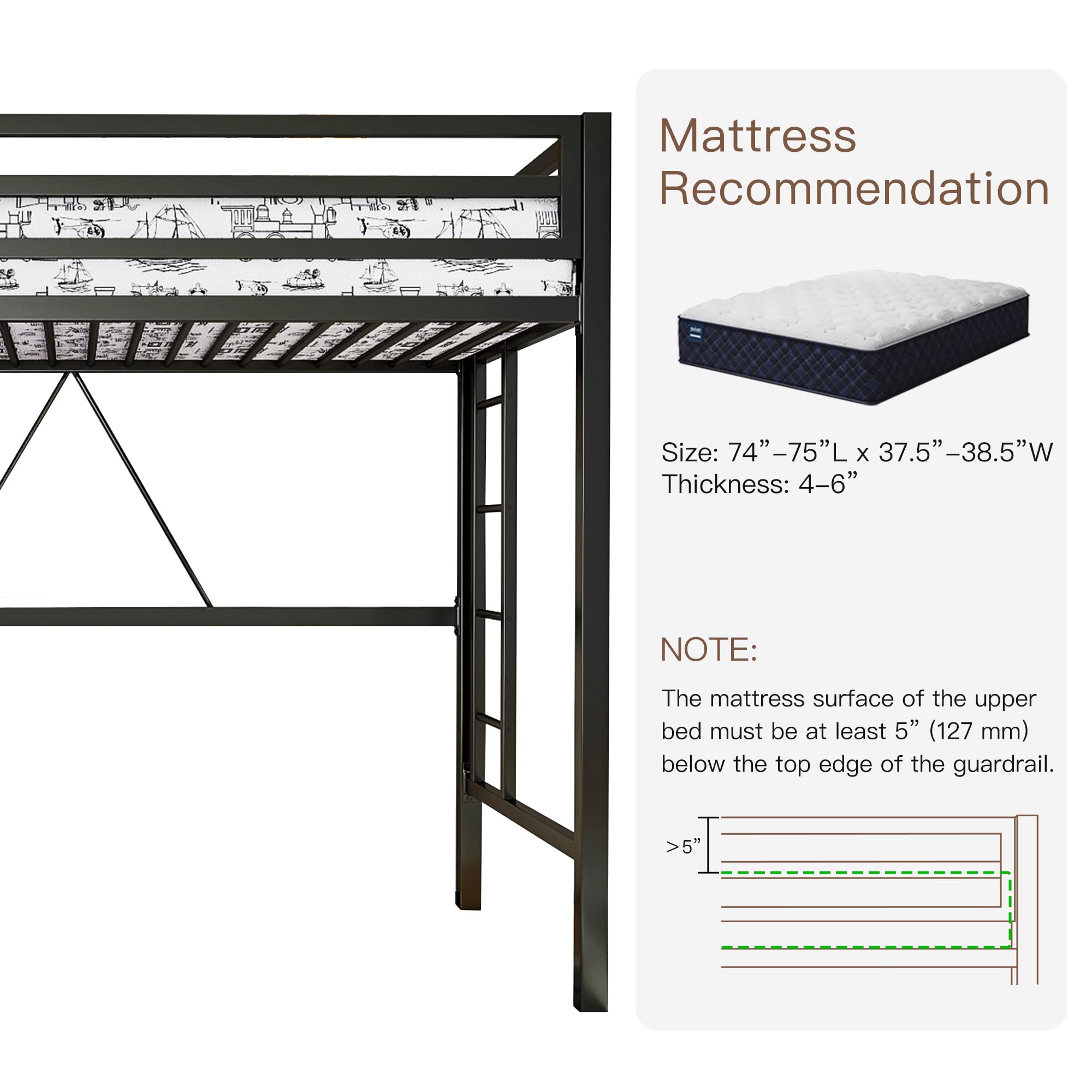 **Metal Loft Bed Twin Size with Safety Guardrail & Ladder - Space Saving Bed Frame, No Box Spring Needed - Matte Black - Ideal for Kids, Teens & Small Bedrooms**