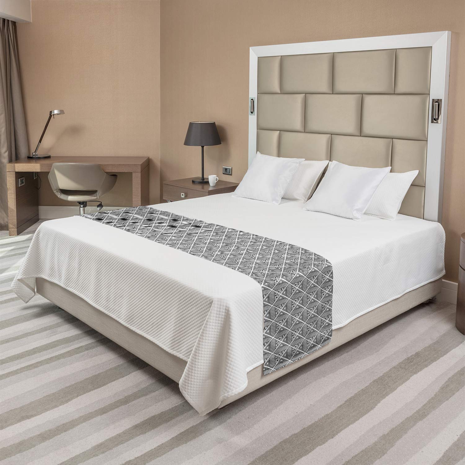 Ambesonne Abstract Bed Runner - Boho Style Tribal Geometric Design with Squares, Circles & Triangles - Modern Decorative Accent Bedding Scarf for Hotels, Homes & Guest Rooms in Charcoal Grey & White - Perfect for Bohemian Bedroom Decor & Guest Room Styling