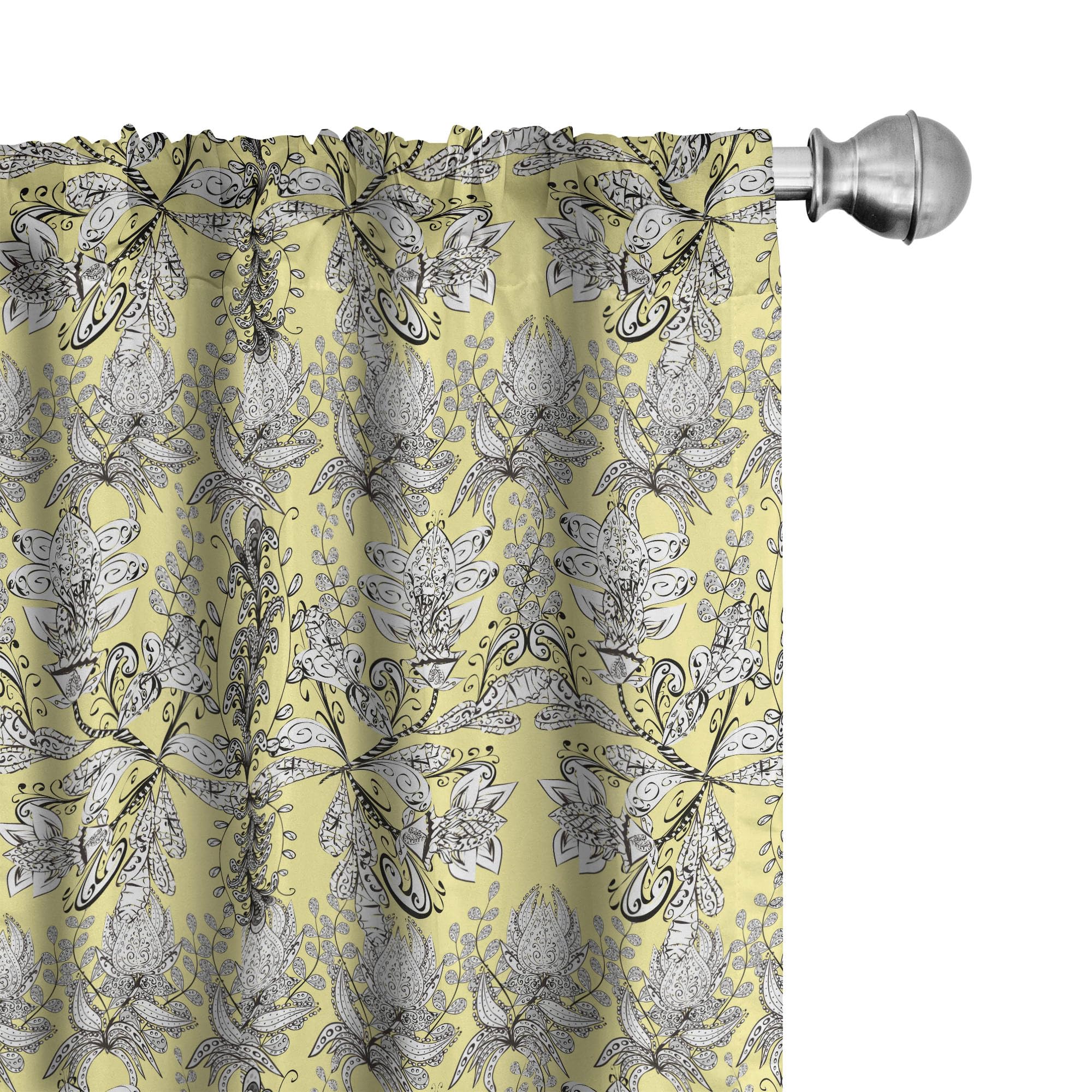 Bohemian Grey and Yellow Window Curtains with Floral Leaf Swirls & Dots - Lightweight Black & White Decor 2-Panel Set (28
