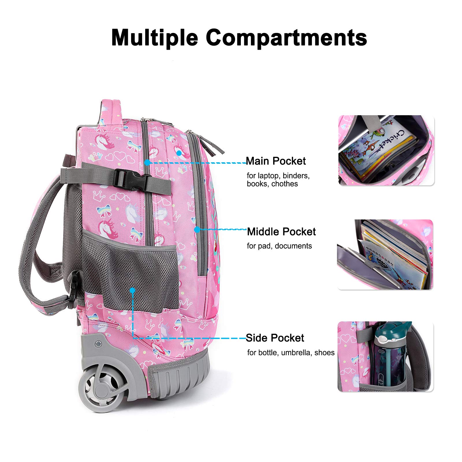 Tilami 19 Inch Rolling Backpack with Lunch Bag - Wheeled Laptop Backpack for School & Travel (Unicorn Pink) - Perfect for Students, Commuters & Business Professionals
