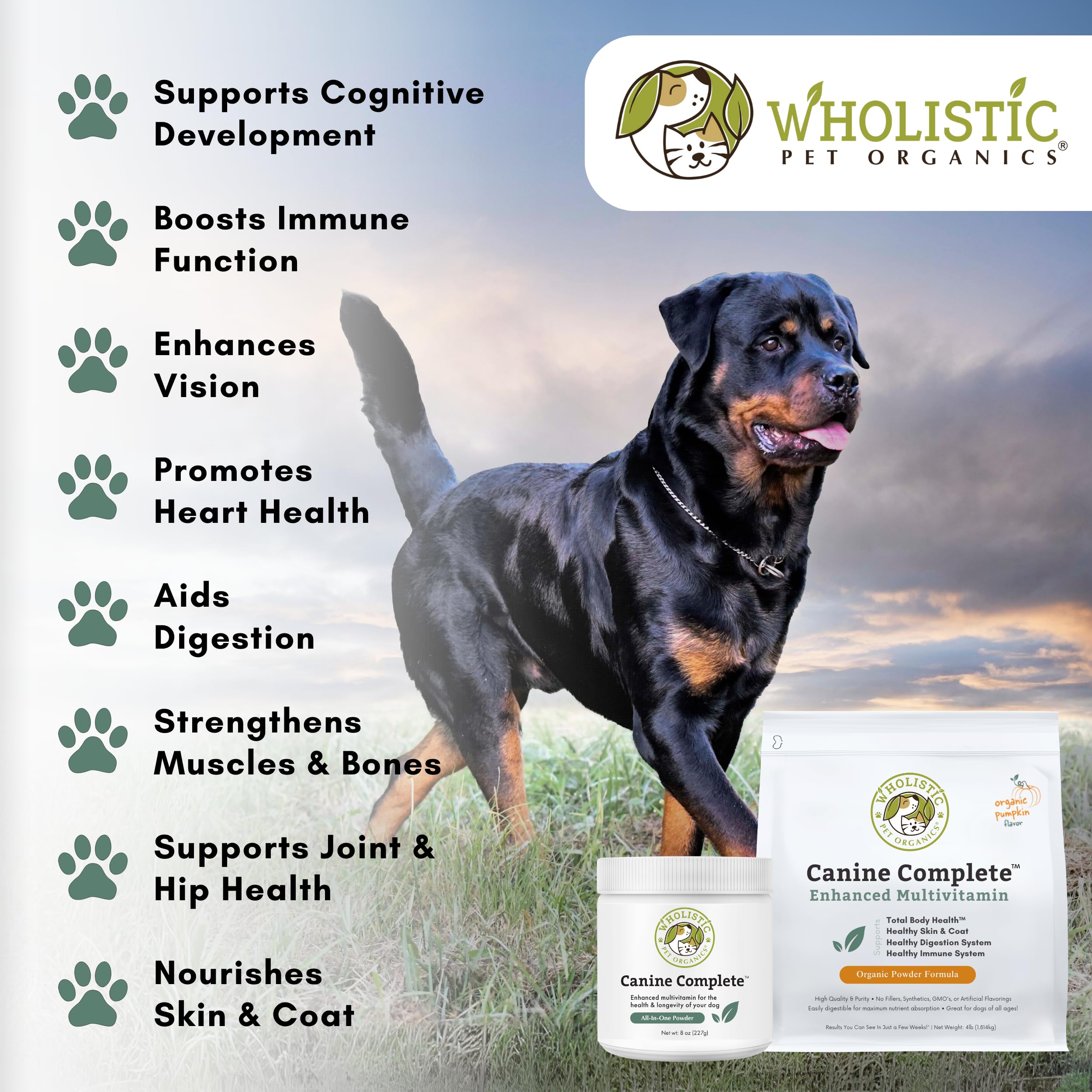 Wholistic Pet Organics Canine Complete Dog Multivitamin Powder - 4lb Nutrient-Rich Multivitamin Supplement for Dogs - Supports Immune System, Skin & Coat Health - Whole Food Formula for Overall Wellness - Perfect for Daily Nutrition & Senior Dog Care