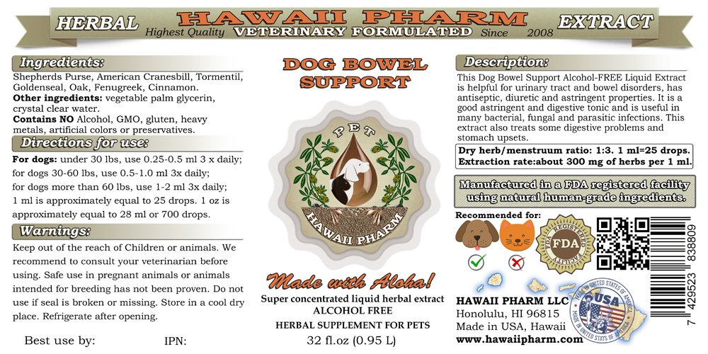 HawaiiPharm Dog Bowel Support - Alcohol-Free Liquid Herbal Supplement for Dogs (32 oz) | Natural Digestive Aid for Canine Stomach & Intestinal Health | Perfect for Dogs with Sensitive Stomachs or Digestive Issues