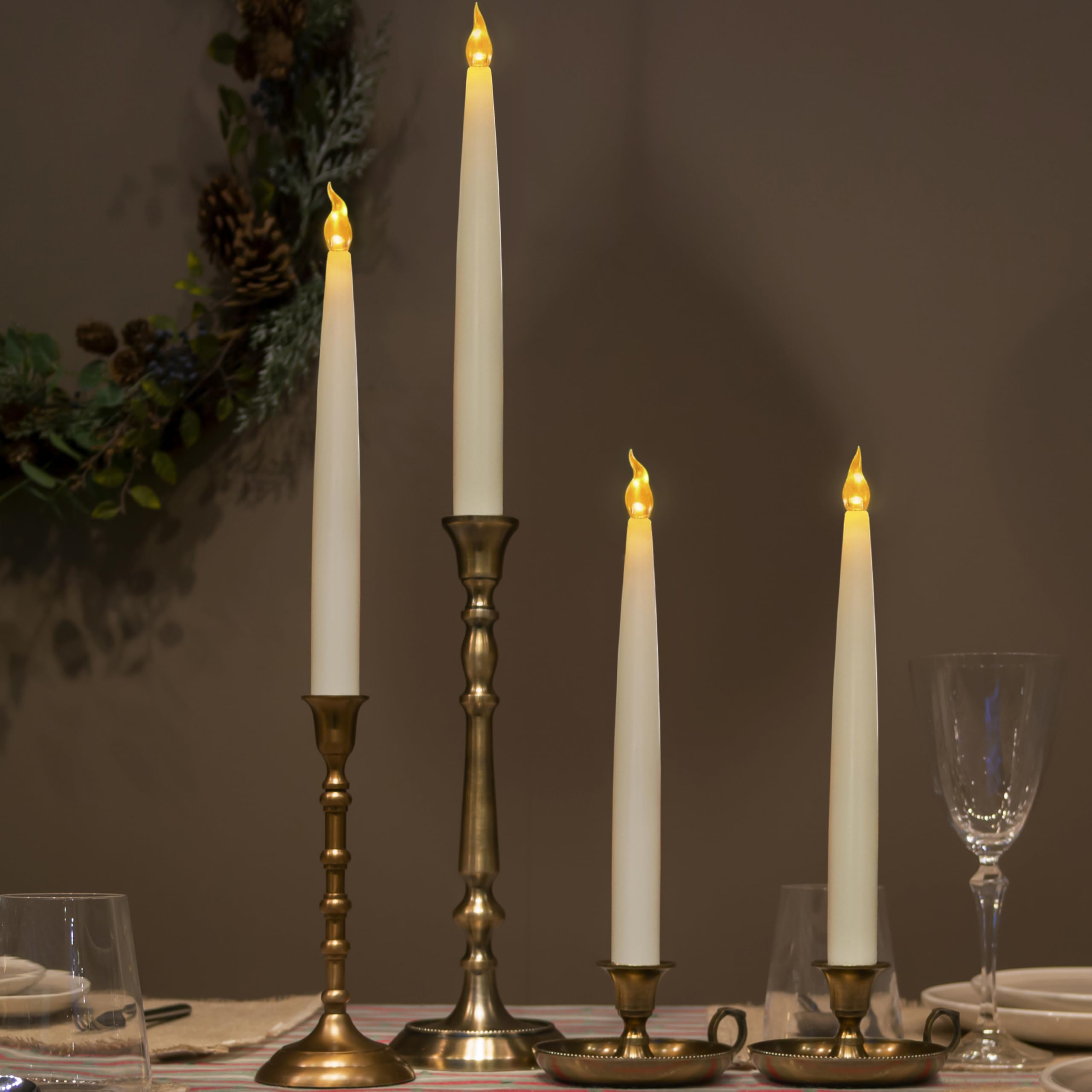 FURORA LIGHTING White LED Taper Candles - Pack of 4 Flameless Battery Operated Candles with Realistic Flickering Flame, 6/18 Hour Timer, 11.5 Inches Tall - Perfect for Wedding Centerpieces, Dining Table Decor, and Romantic Ambiance