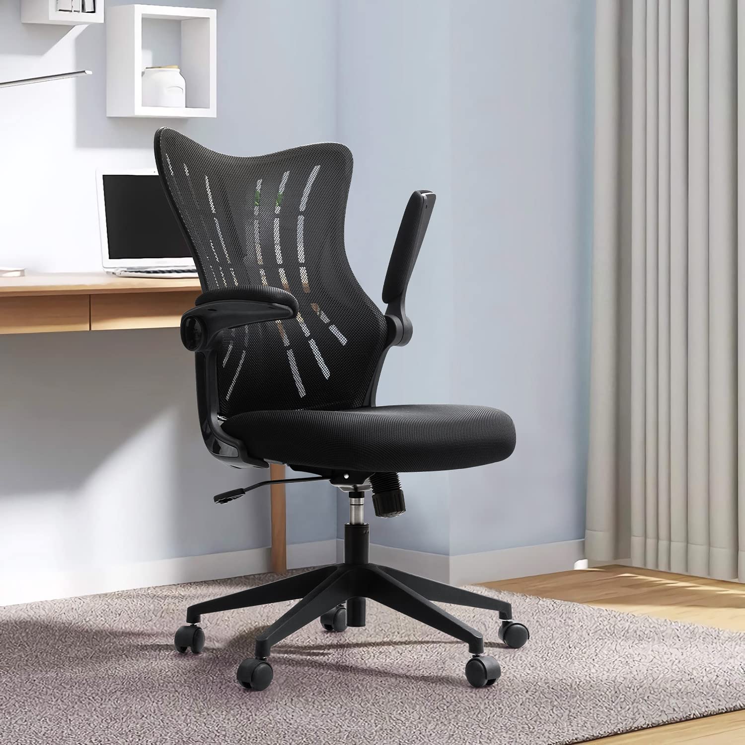 Ergonomic Mesh Office Chair with Flip-Up Arms & Lumbar Support - Adjustable Swivel Task Chair for Home Office, Gaming & Computer Workstation - Comfortable Mid Back Support for Long Hours Sitting