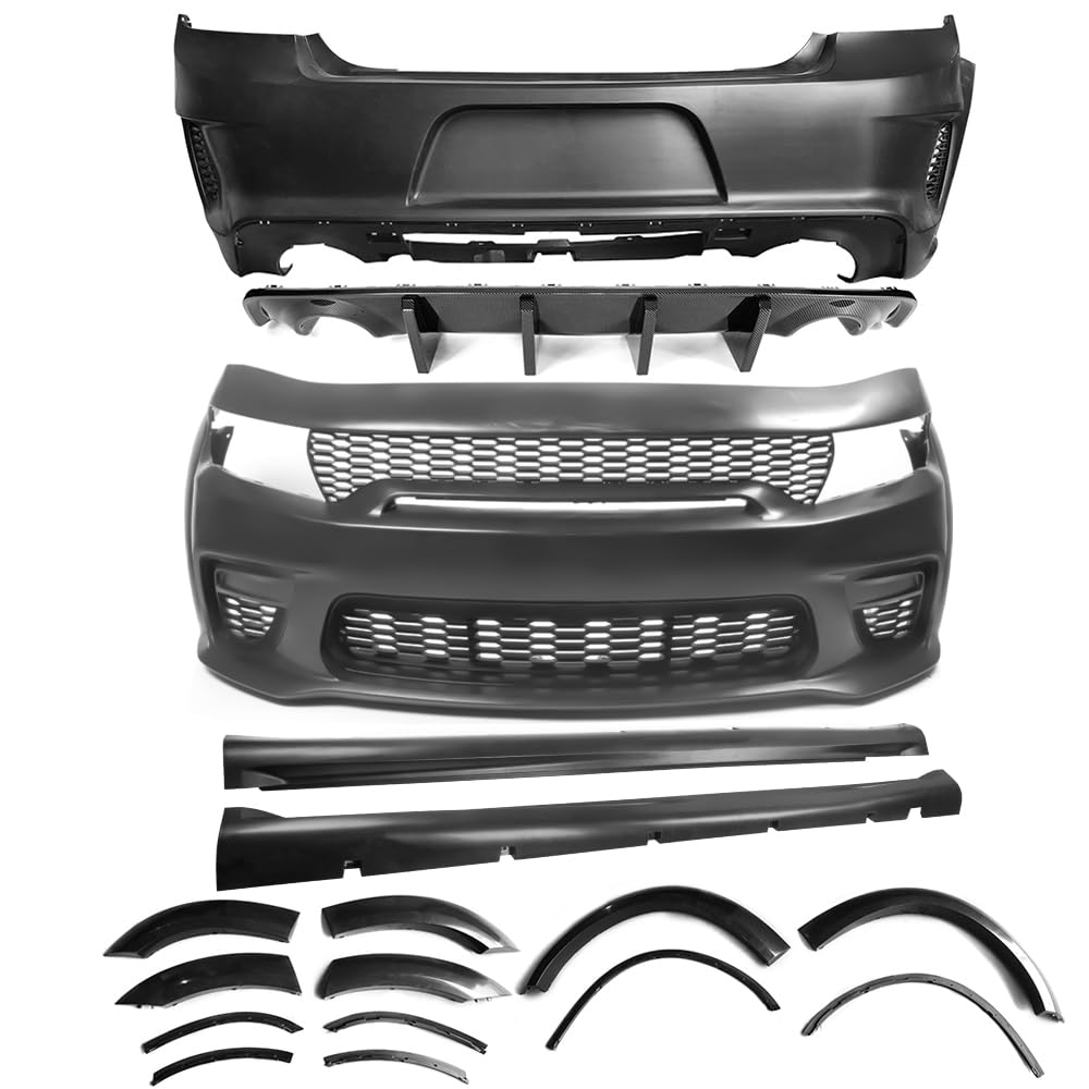 IKON MOTORSPORTS Full Body Kit for 2015-2023 Dodge Charger - Widebody Style Front & Rear Bumper, Grille, Side Skirts, Fender Flares & Carbon Fiber Look Diffuser | Complete Exterior Upgrade for Aggressive Street Racing Look
