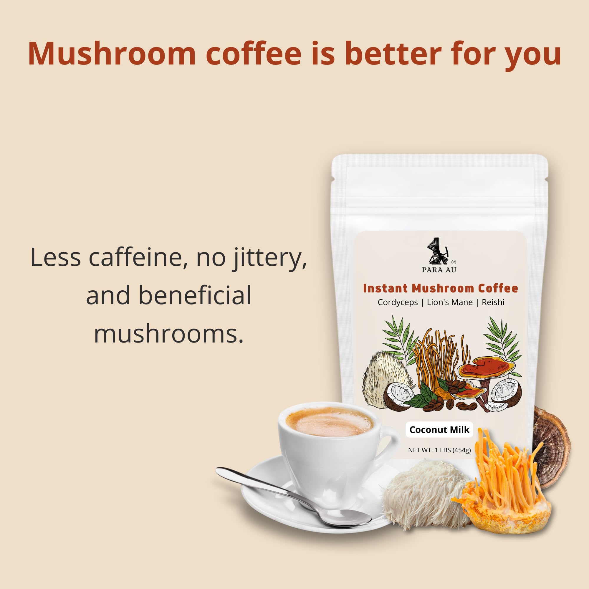 Nootropic Mushroom Coffee Blend with Cordyceps, Lion’s Mane & Reishi - 16oz Instant Coffee Powder with Coconut Milk | Boost Focus & Energy | Perfect for Morning Routine, Workouts and Mental Clarity