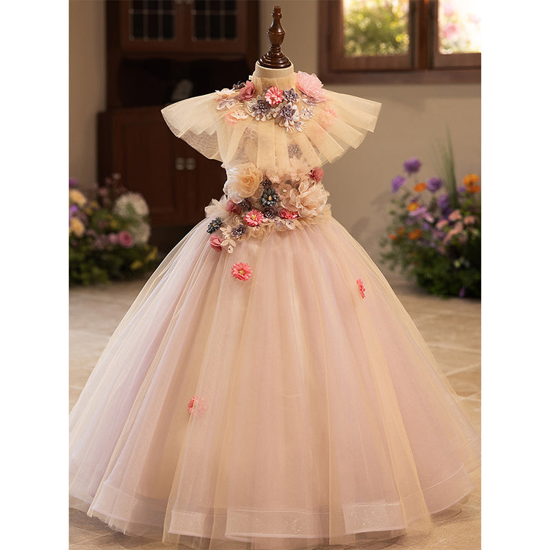 Elegant Pink A-Line Flower Girl Dress with Lace Flowers & Tulle Skirt - Perfect for Weddings, Baptisms & Special Occasions