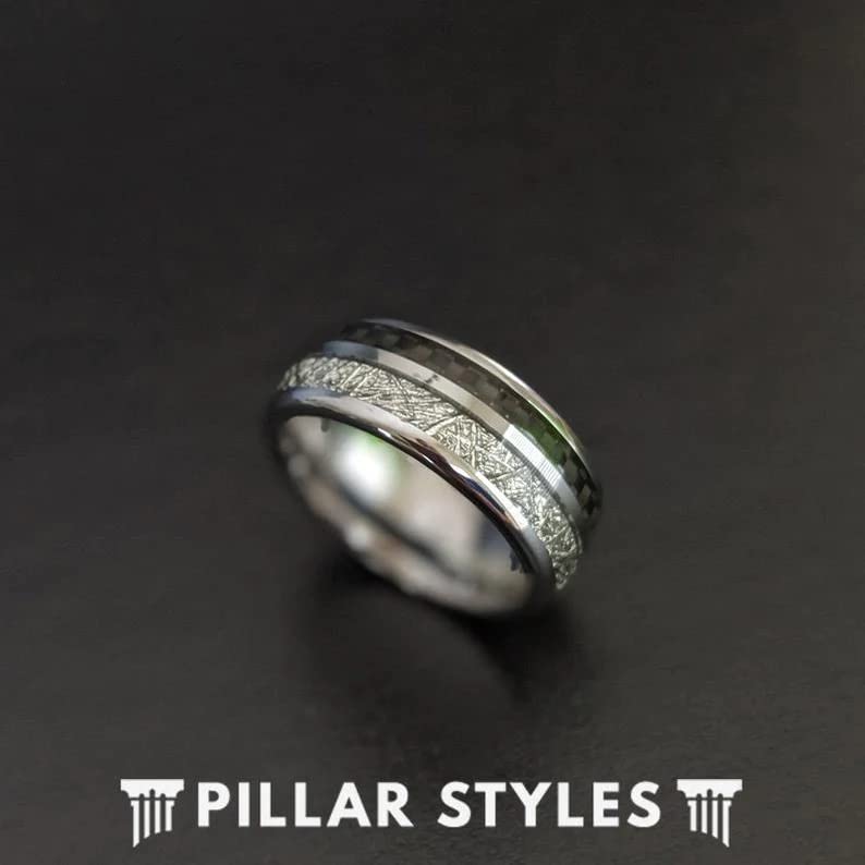 Men's Tungsten Wedding Band - 8mm Black Carbon Fiber & Silver Meteorite Ring with Comfort Fit | Unique Space Rock Anniversary Gift for Him | Perfect for Engagements, Weddings & Special Occasions