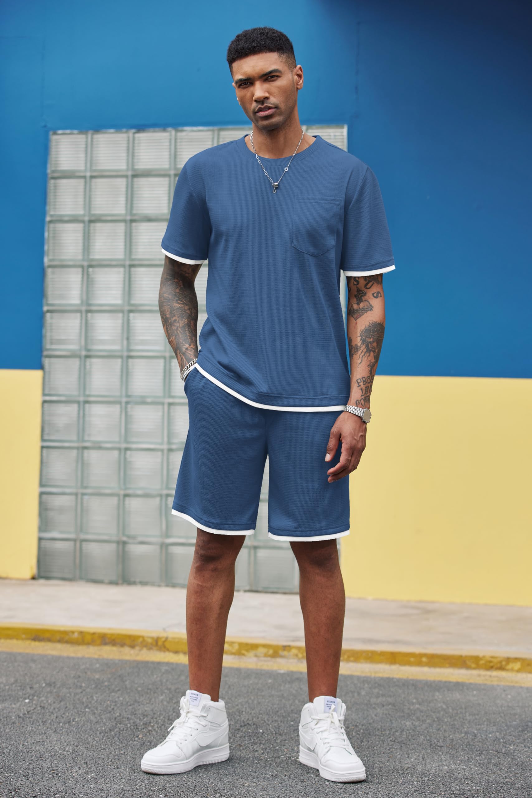 COOFANDY Men's Waffle Knit Shirt and Shorts 2-Piece Lounge Set - Breathable Summer Casual Outfit with Pockets for Home, Gym, and Outdoor Activities