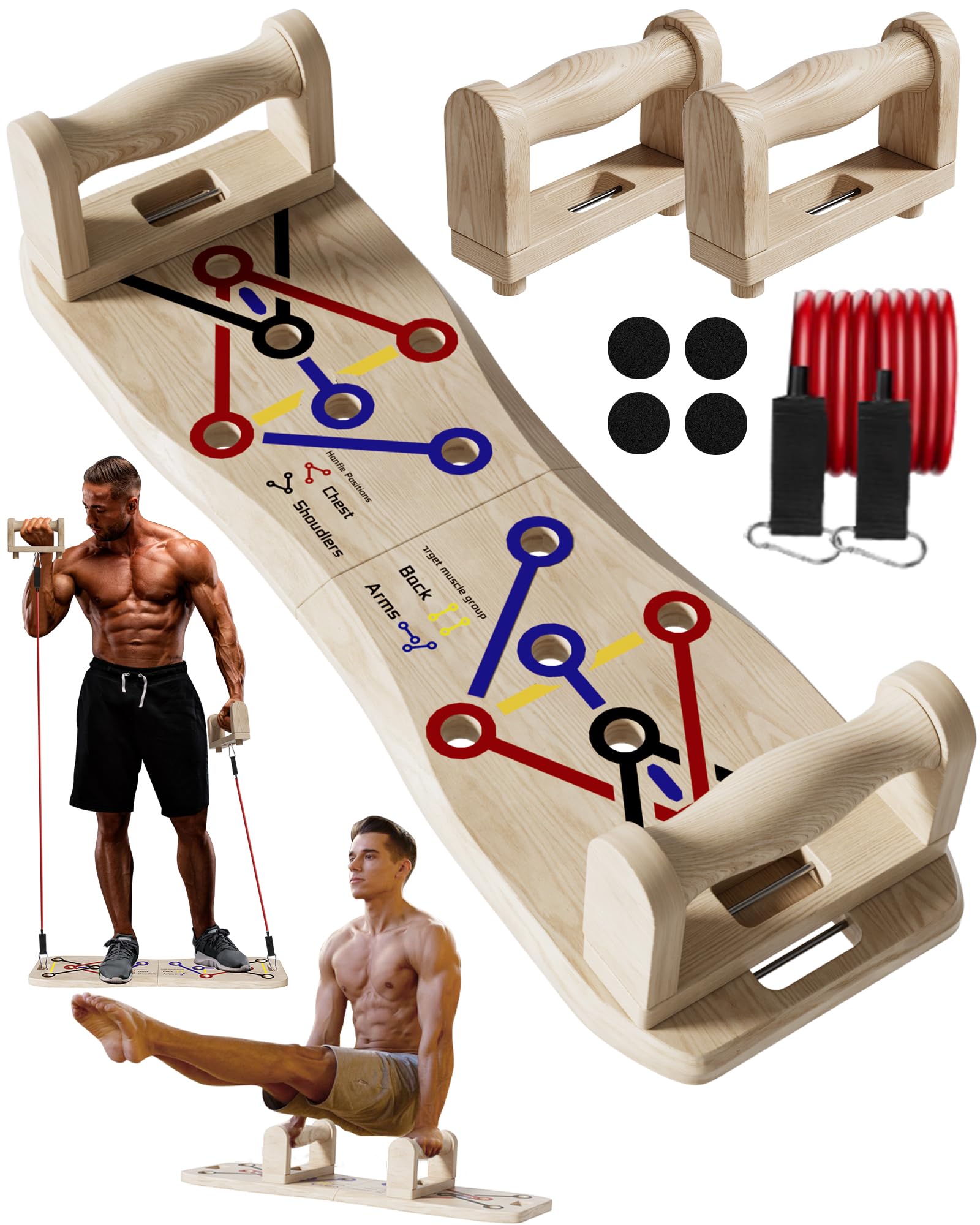 Foldable Push Up Board with Resistance Bands - Eco-Friendly Wooden Multi-Functional Portable Push Up Bar for Home Gym, Strength Training Equipment for Men & Women - Perfect for Full-Body Workouts, Muscle Building and Home Fitness Training