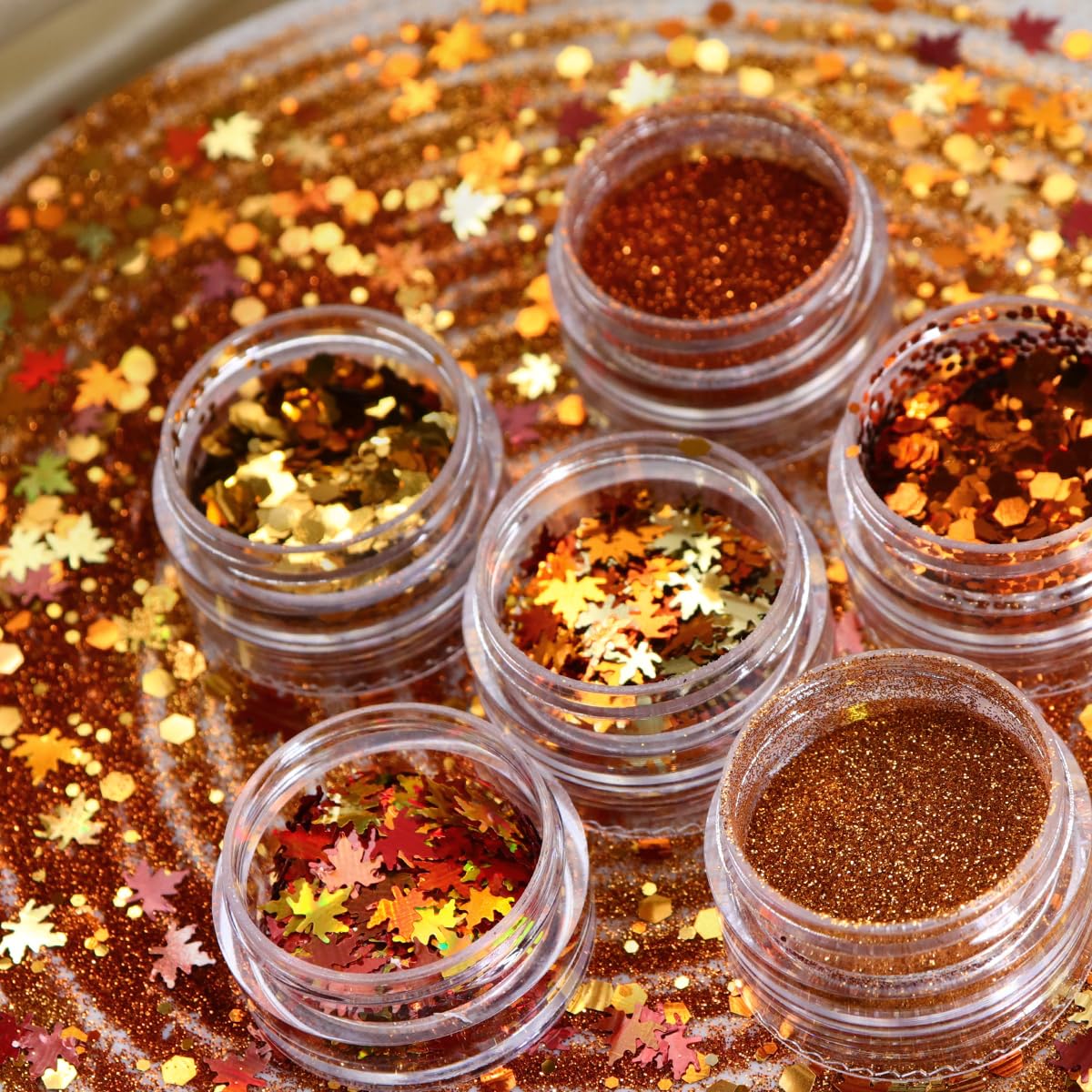 6 Bottles Fall Maple Leaf Nail Glitter Powder - Gold Shiny Nail Art Flakes & Sequins for Acrylic Nails | DIY Autumn Nail Decorations for Women | Perfect for Halloween, Thanksgiving & Fall Party Nail Art