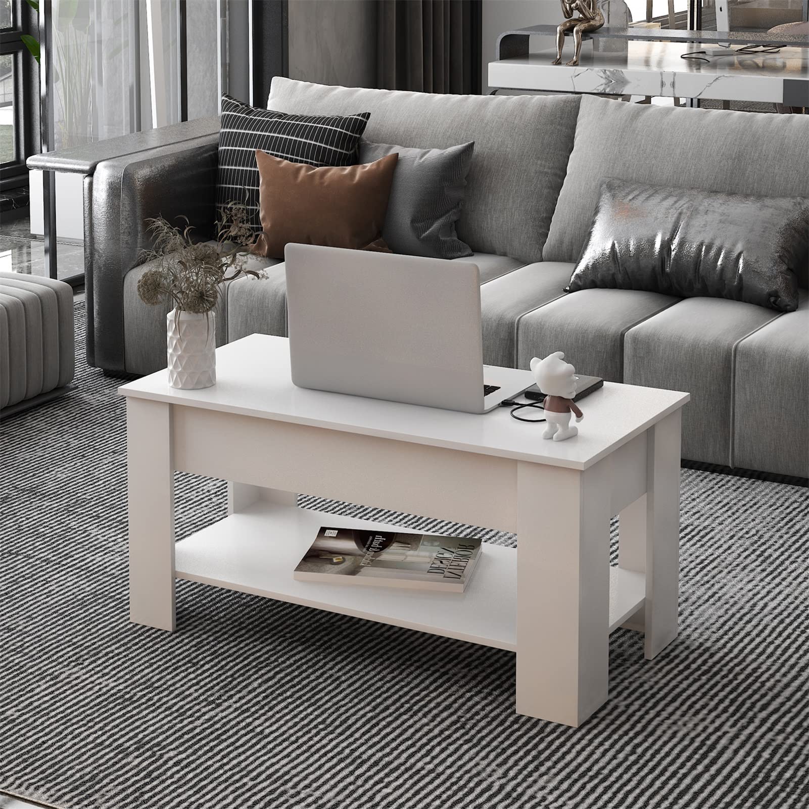 Modern Multifunctional Lift-Top Coffee Table with Storage - White | Adjustable Height Living Room Center Table, Balcony Tea Table & Office Side Table | Space-Saving Design for Small Apartments