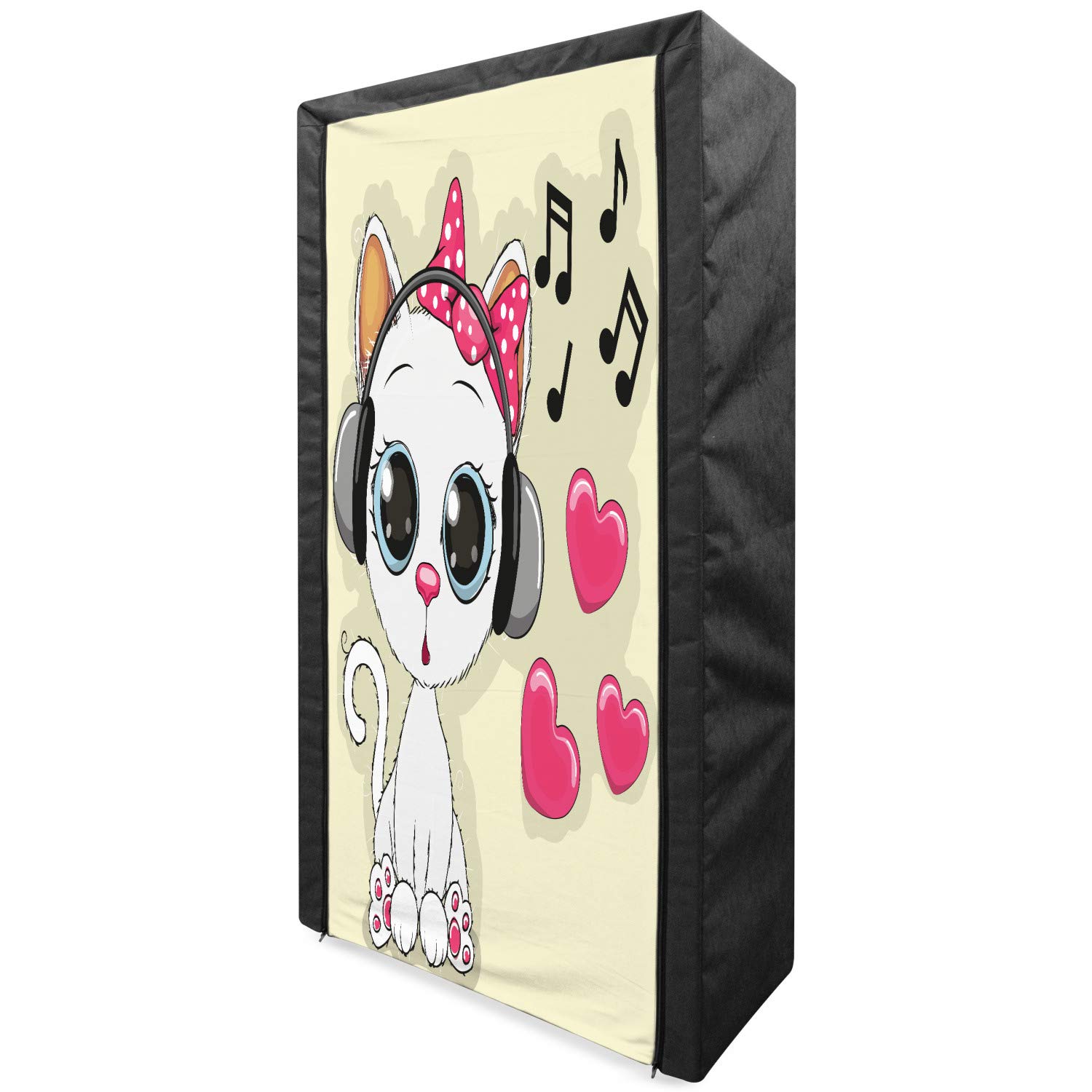 Lunarable Cartoon Portable Fabric Wardrobe - Cute Kitty with Headphones & Heart Bubbles Design, 33.5 Inch Clothing Organizer with Shelves for Bedroom Storage | Pink Beige White | Perfect for Kids Room, Dorm Organization & Space Saving