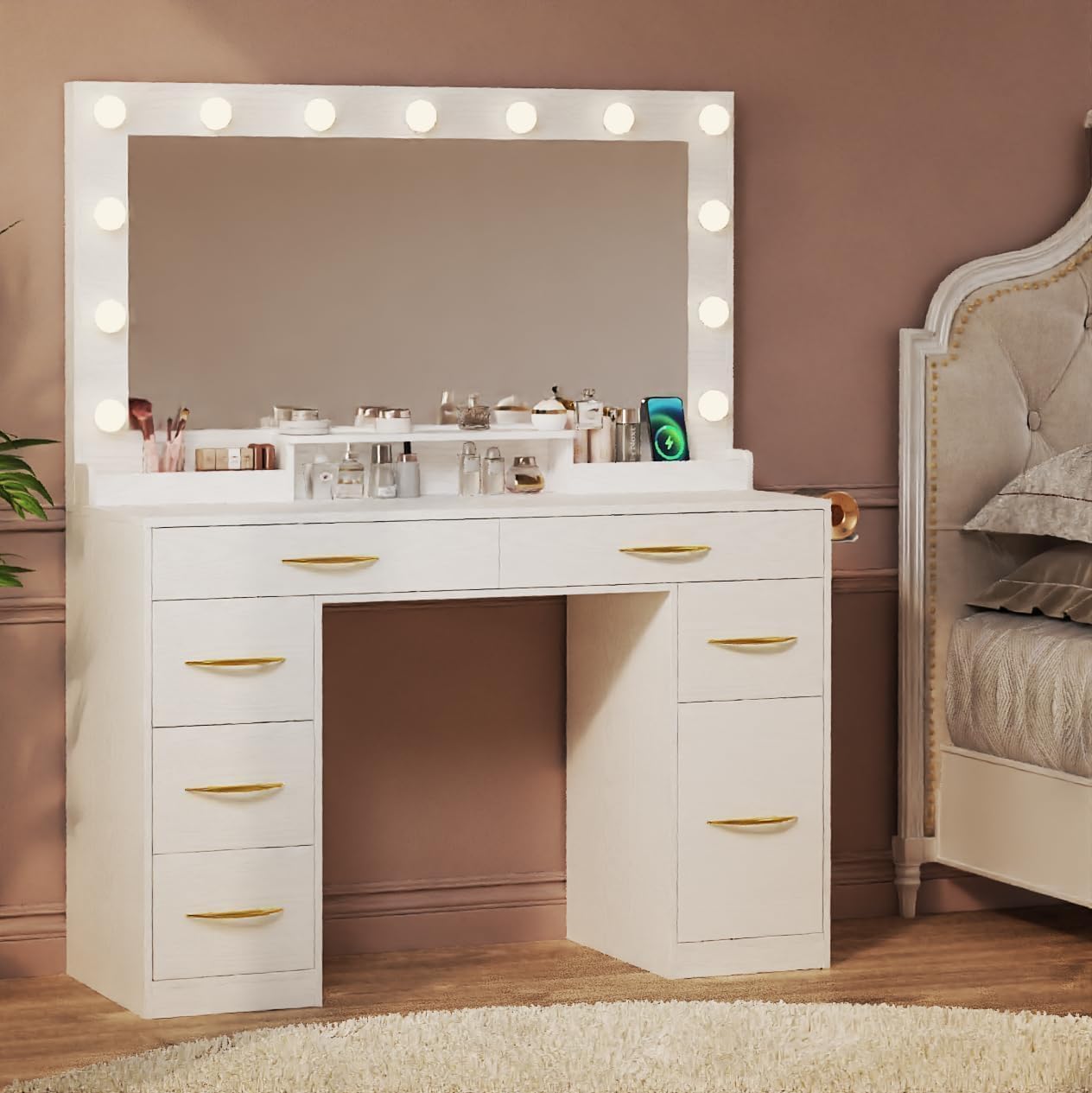 White Makeup Vanity Desk with LED Lights & Large Mirror - Adjustable 3-Color Lighting, Power Outlets & Spacious Drawers - Perfect Dressing Table for Bedroom, Beauty Salon, or Home Studio
