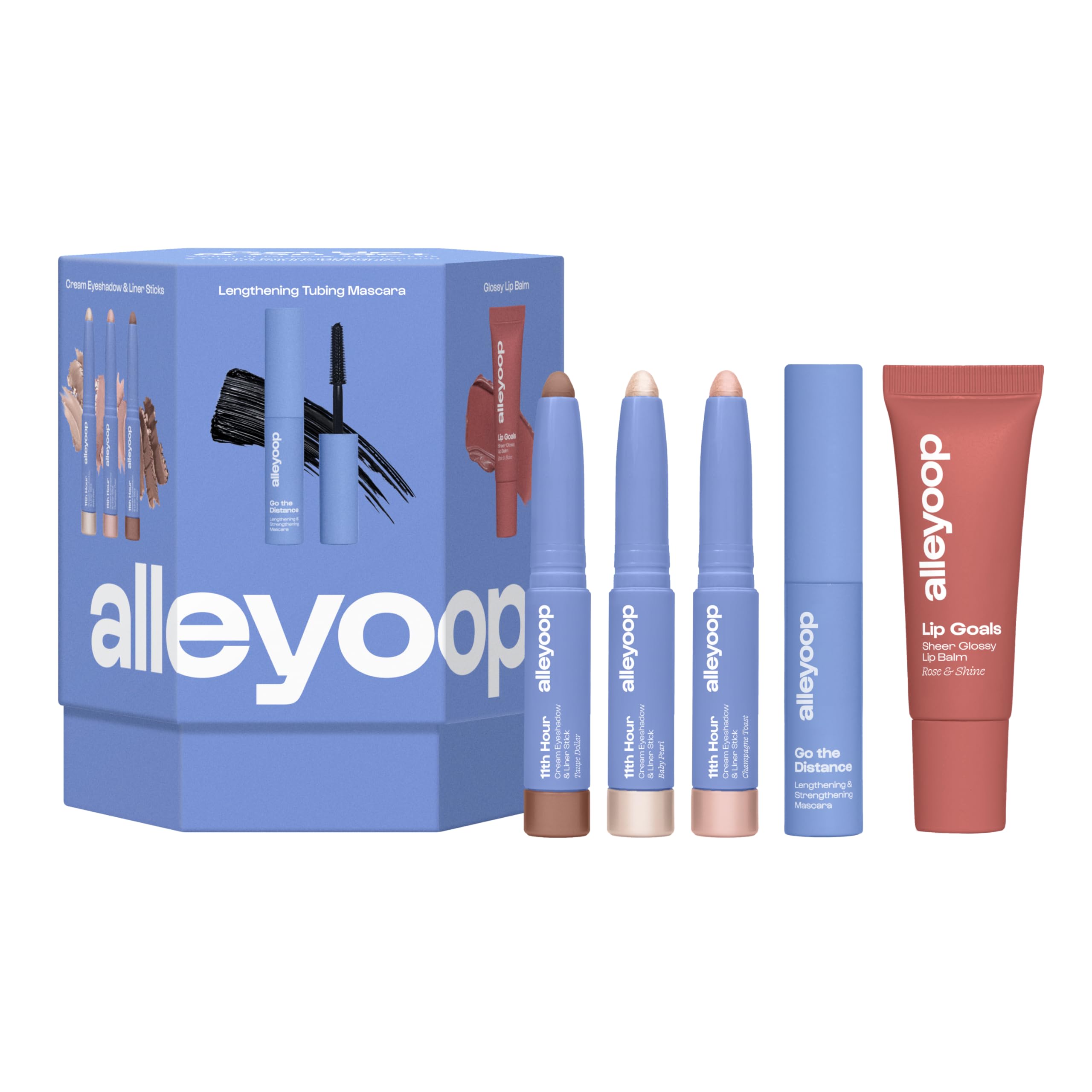ALLEYOOP Everyday 5-Piece Vegan Makeup Essentials Kit - Mini Eyeshadow Stick, Glossy Lip Balm & Mascara Set - Cruelty-Free Beauty for Work, Travel & On-The-Go Touch Ups