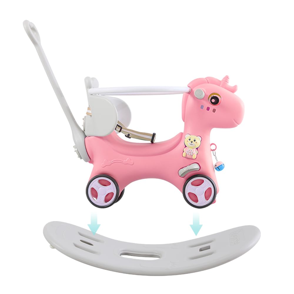 4 in 1 Rocking Horse & Balance Bike for Toddlers 1.5-3 Years Old - Push Handle Ride On Toy with Adjustable Backrest & Balance Board - Safe Baby Rocking Toy Gift for Boys & Girls (Pink) - Perfect for Indoor Play, Birthday Presents & Early Childhood Development