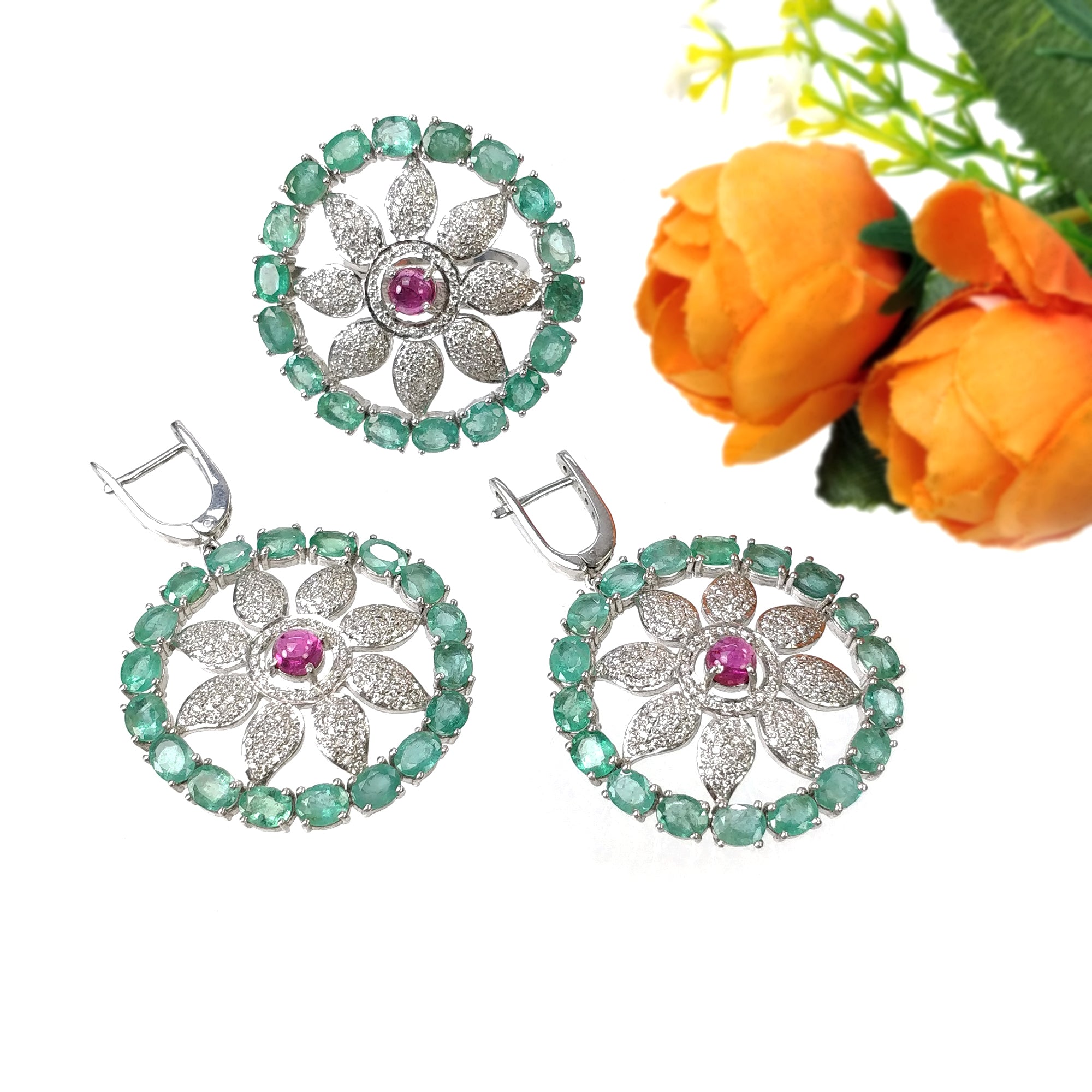 Natural Emerald & Pink Tourmaline Gemstone Jewelry Set with CZ - 925 Sterling Silver Round & Oval Earrings & Rings for Women | Wedding, Party, Anniversary Gift