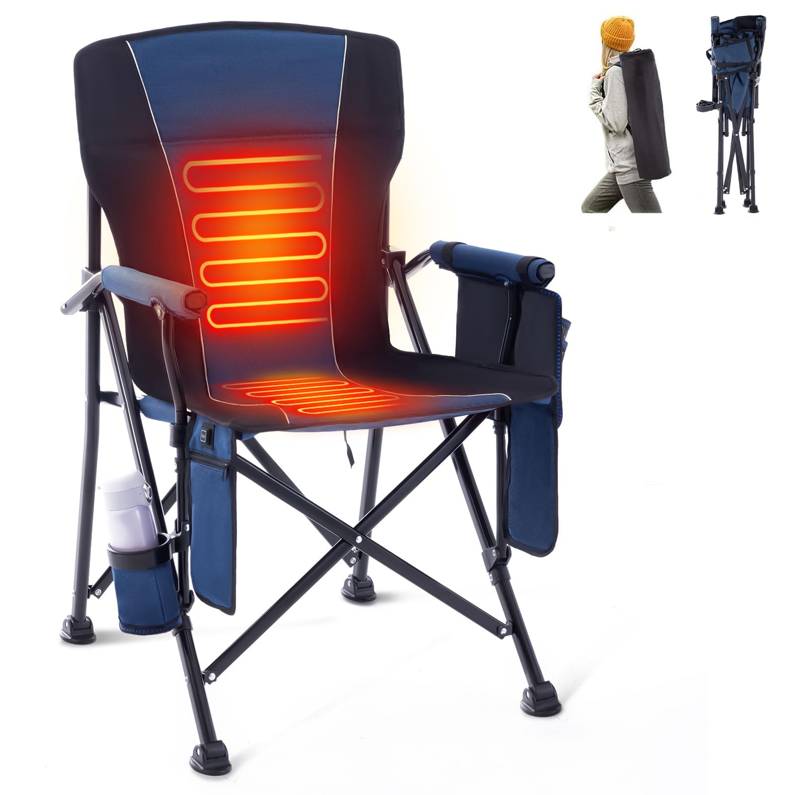 **Portable Heated Camping Chair - 400lb Heavy Duty Folding Outdoor Seat with Cup Holder & Carry Bag - Perfect for Winter Camping, Hunting, Fishing & Backyard Relaxation (Navy, Battery Pack Required)**