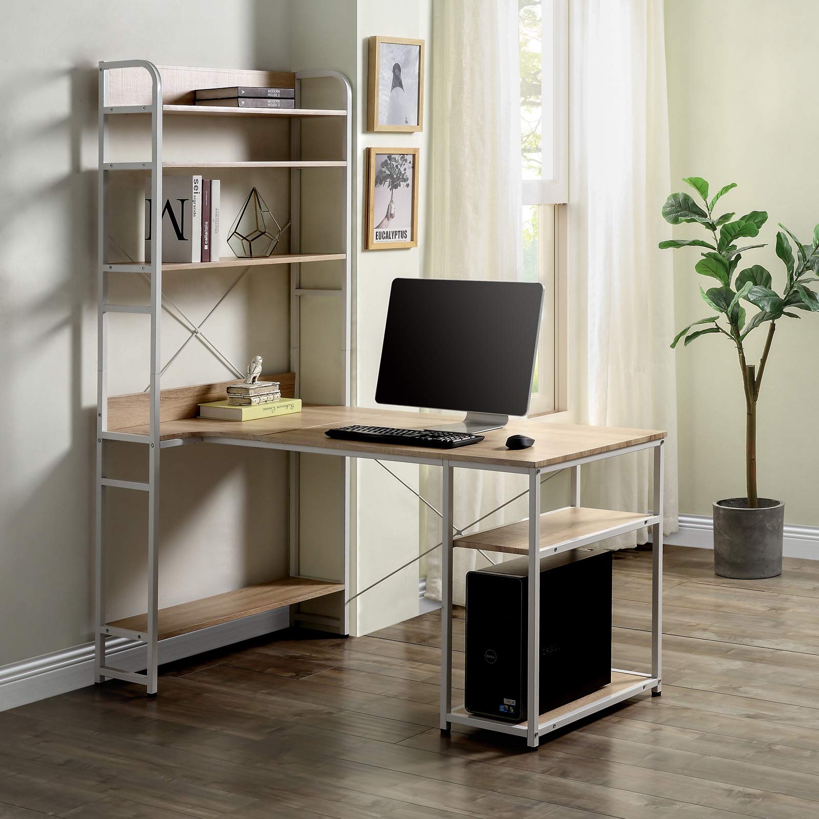 Modern Home Office Computer Desk with Metal Frame & MDF Board - 5-Tier Open Bookshelf for Maximum Storage Space (Oak Finish) - Perfect for Small Spaces, Dorm Rooms & Workstations