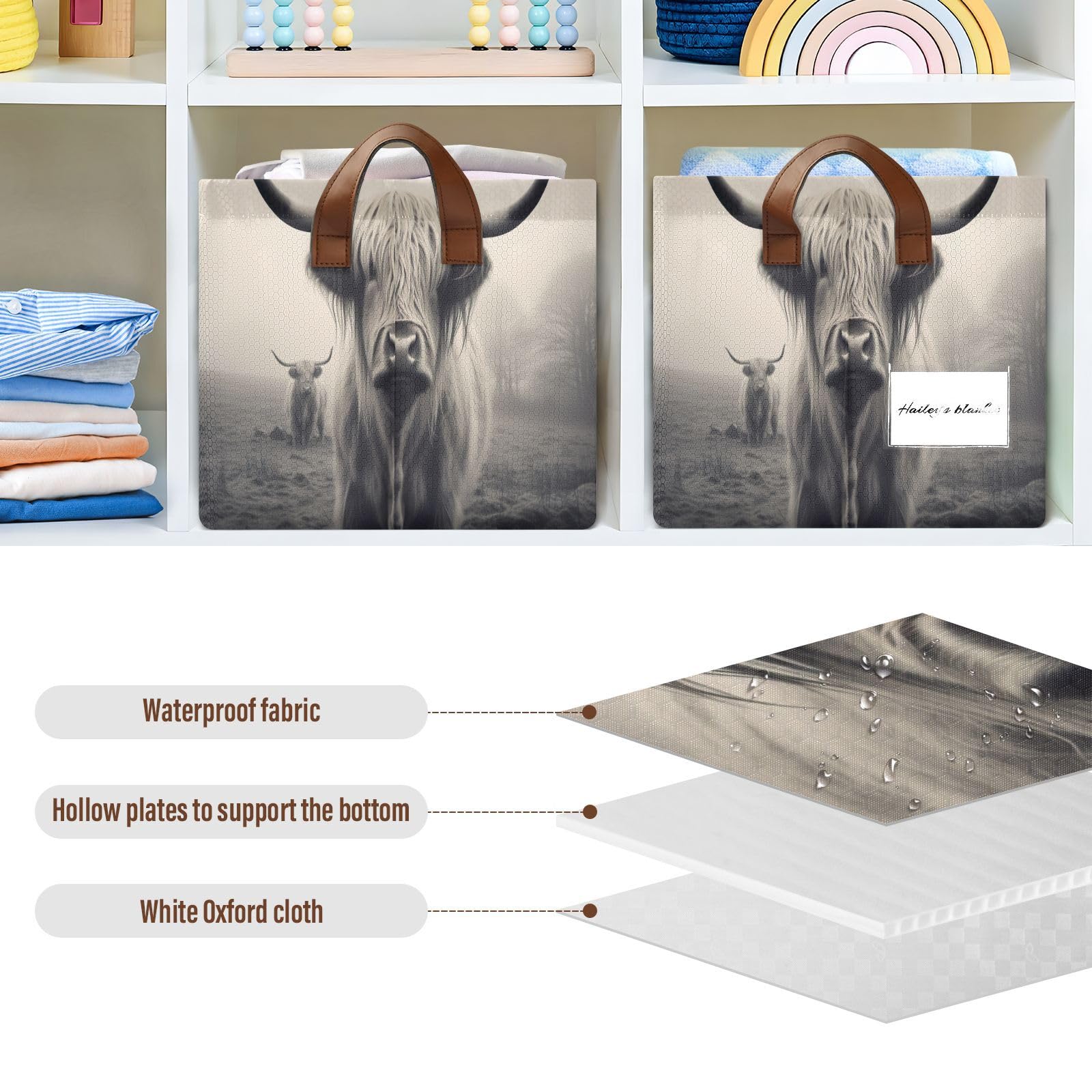 Highland Cattle Storage Bins 2 Pack - Collapsible Fabric Storage Baskets for Shelves, Closet & Office Organization - 32L Foldable Home Organizer with Handles - Perfect for Bedroom, Nursery & Laundry Room Storage