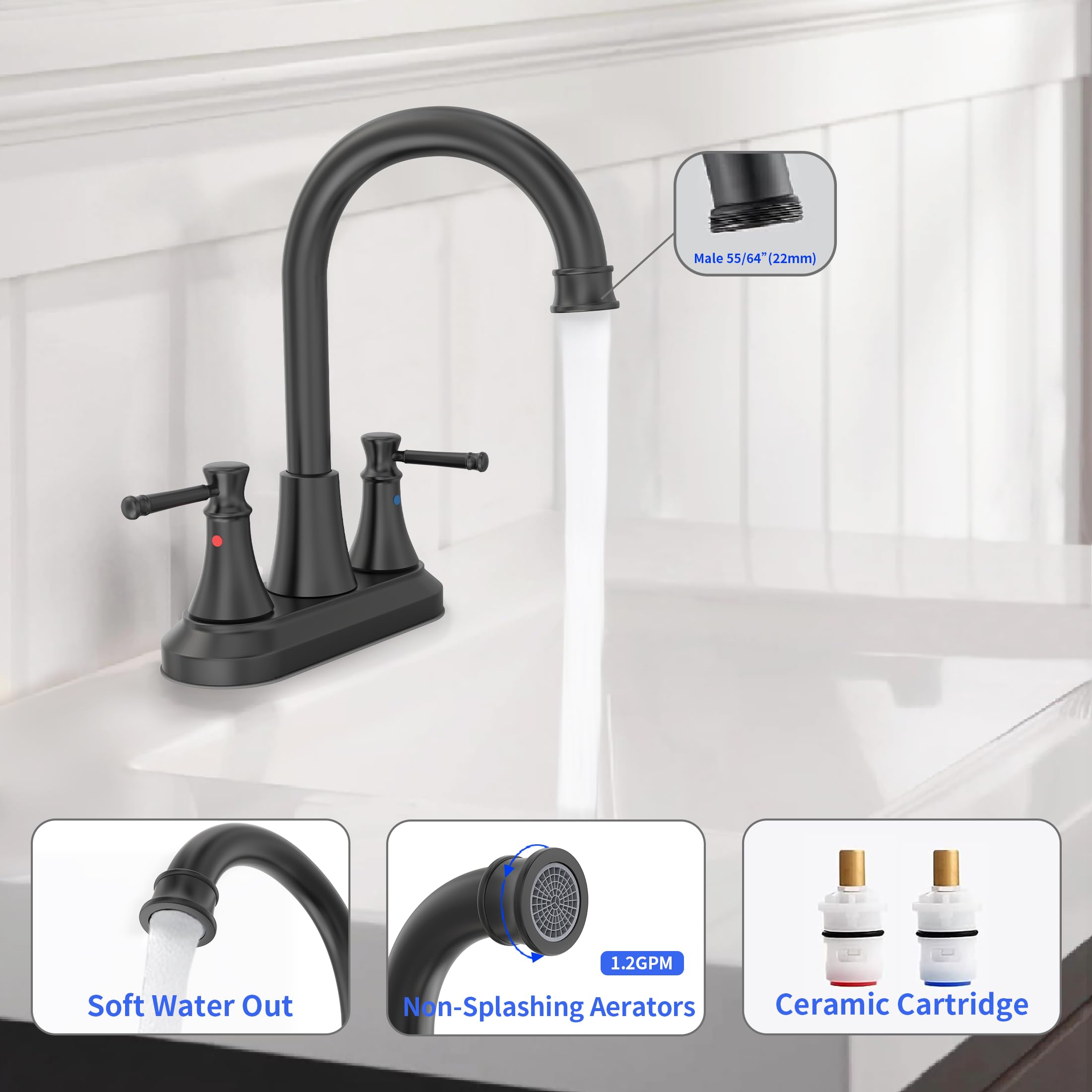 GOWIN 4 Inch 2-Handle Centerset Bathroom Sink Faucet with Pop-Up Drain - Black 3 Hole Bathroom Faucet with 360° Swivel Spout & Water Supply Lines - Perfect for RV, Tiny Homes & Small Bathrooms