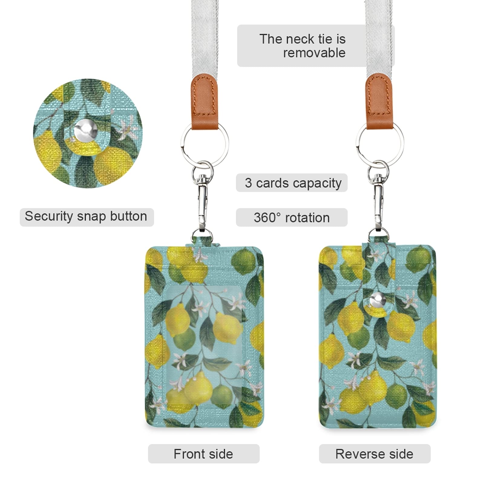 Vertical Leather ID Badge Holder with Lanyard - Yellow Lemons Design for Office & School Staff