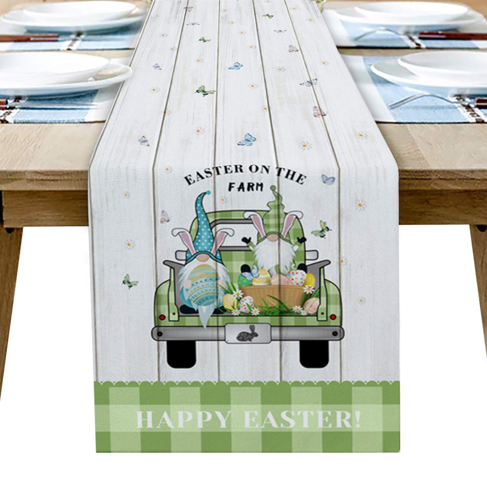 Easter Table Runner - 13x90 Inch Cotton Linen Non-Slip Tablecloth with Easter Egg, Bunny Ears & Gnome Designs in Green Check Plaid - Perfect for Spring Holiday Decor, Dining Table Centerpiece, and Easter Party Table Setting