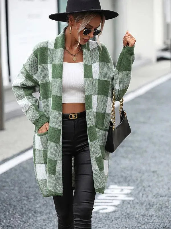 Stylish Loose Plaid Color Block Knit Cardigan Sweater for Women - Cozy Fall & Winter Fashion - Perfect for Office, Dating and Casual Outings